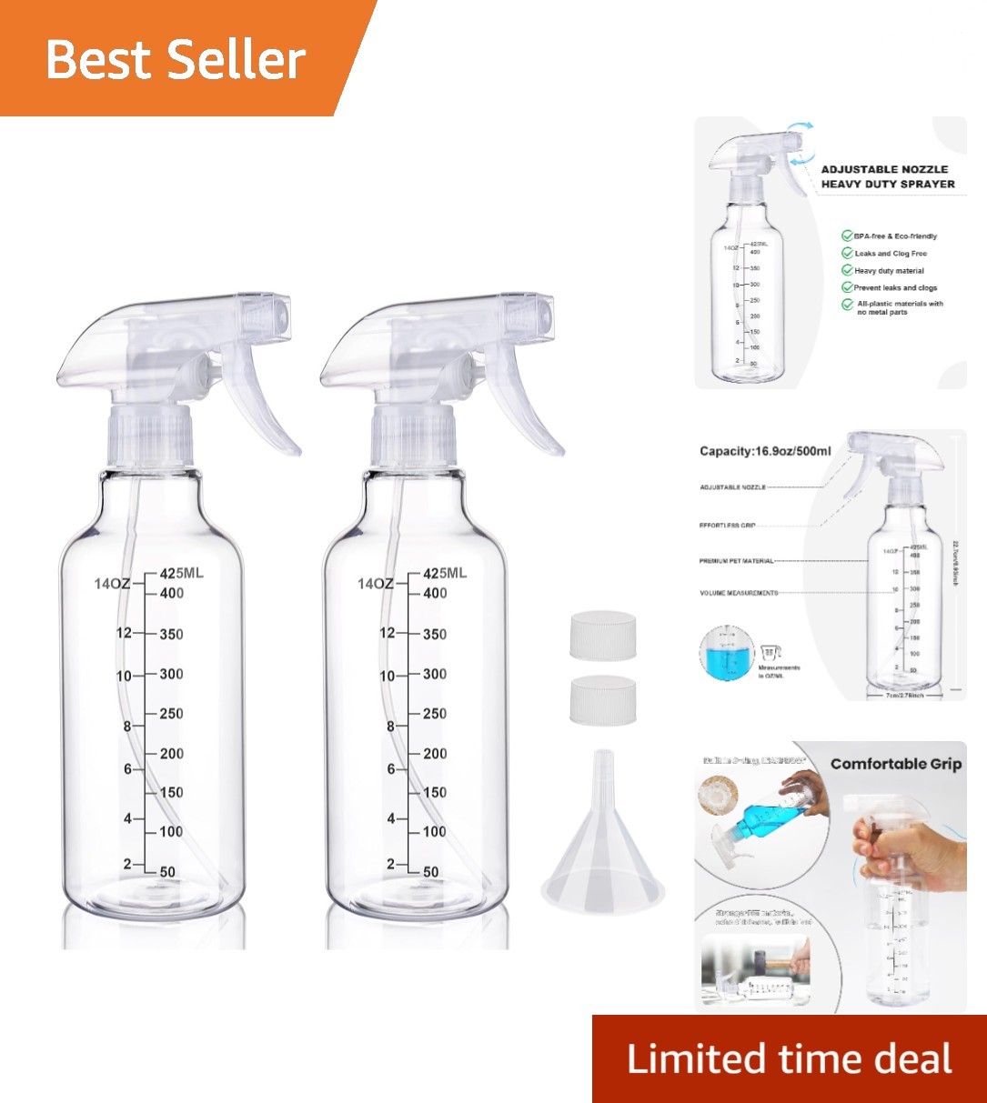 Lightweight and Versatile 16.9oz Spray Bottles - Includes 2 Reusable Containers