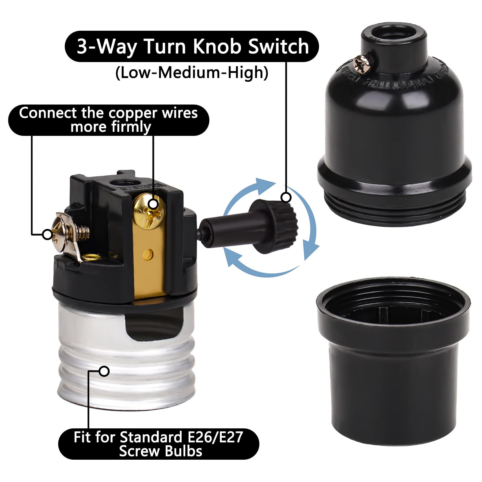 2 Pack 3-Way Lamp Socket Replacement E26 Base – UL Listed Turn Knob Low-Med-High
