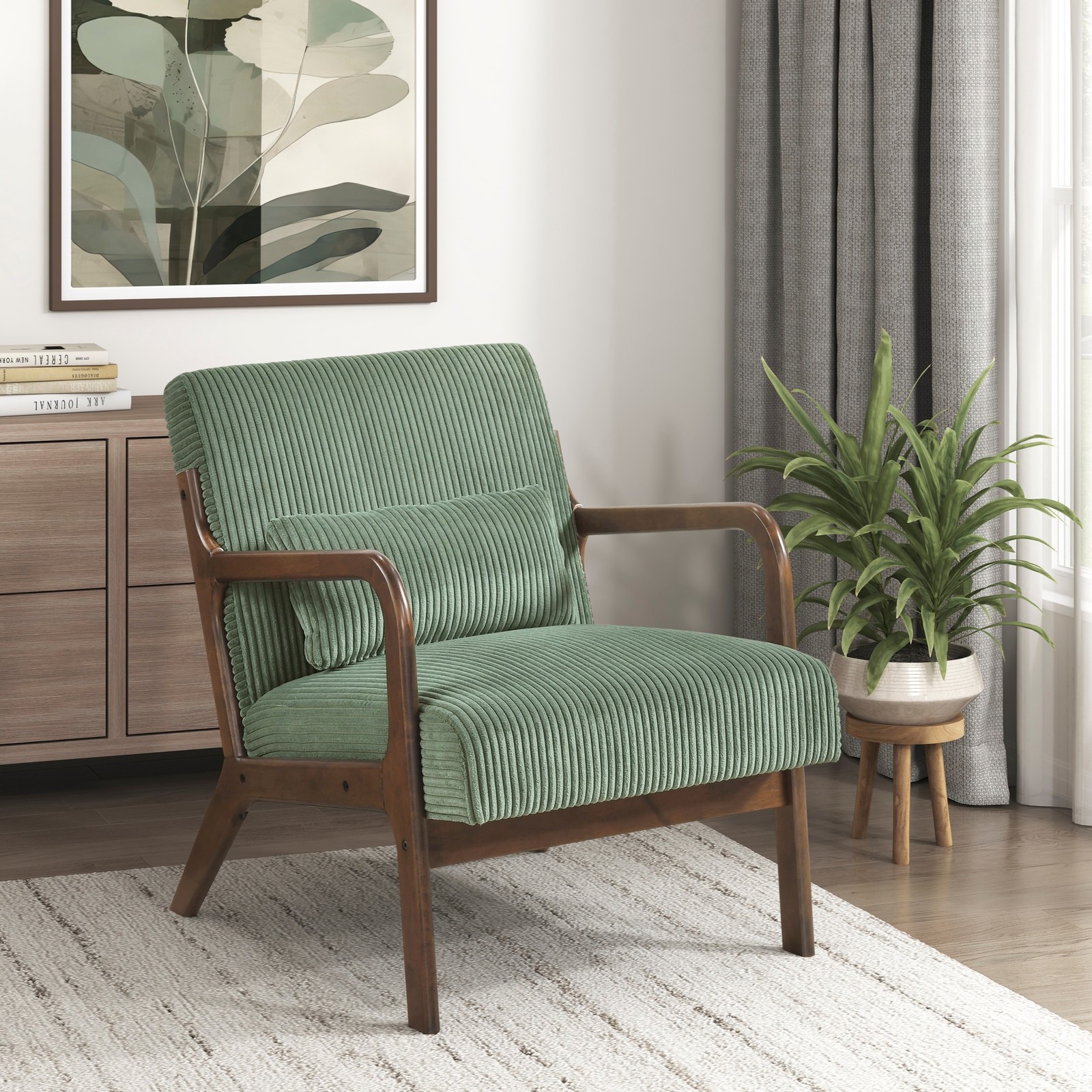 Green Corduroy Accent Armchair with Pillow, Modern Farmhouse