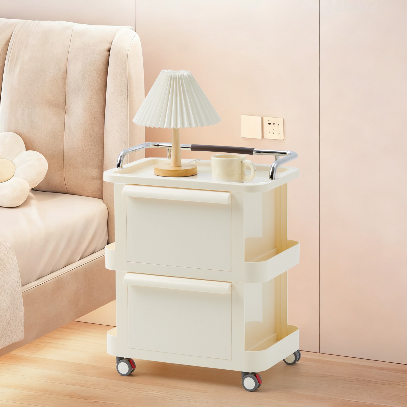 Narrow Rolling Utility Cart with Drawers 2-Tier Open Shelves, Lockable Casters