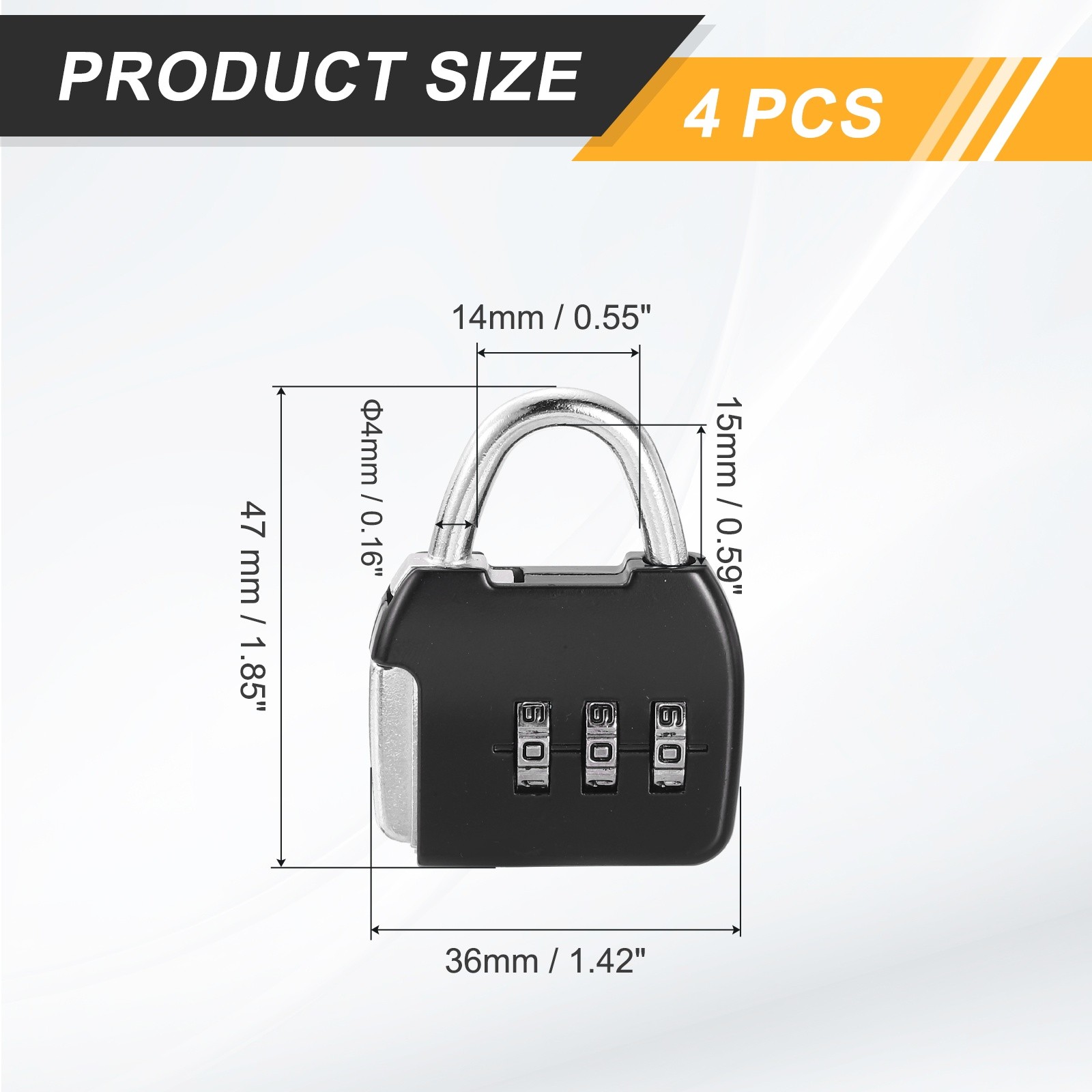 4Pcs Resettable 3 Digit Combination Lock Code Padlock, Black (47 x 36mm)