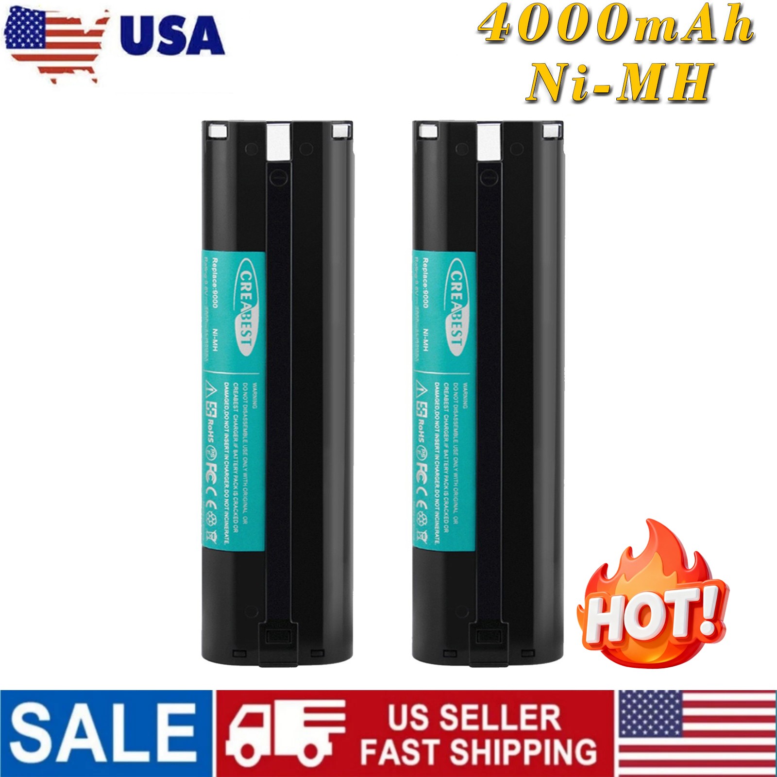 2X 4.0Ah Ni-MH 9.6V Battery For Makita 9000 9033 9600 6900DW 191681-2 632007-4