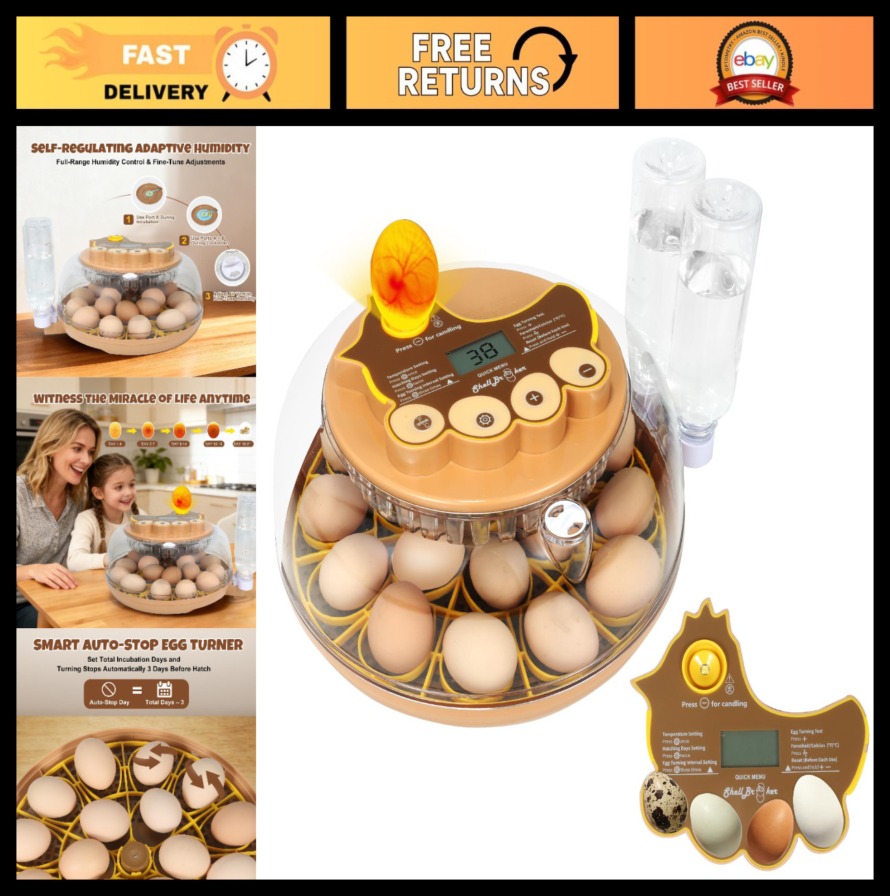 18 Egg Incubator for Hobbyists - Dual-Size Trays, Auto Turning, Temp Control, Di