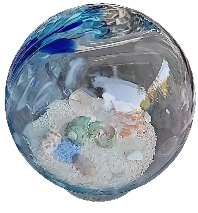 5" Glass Beach Globe, Hand Blown Art Glass Sphere Fillwd W Sand And Shells