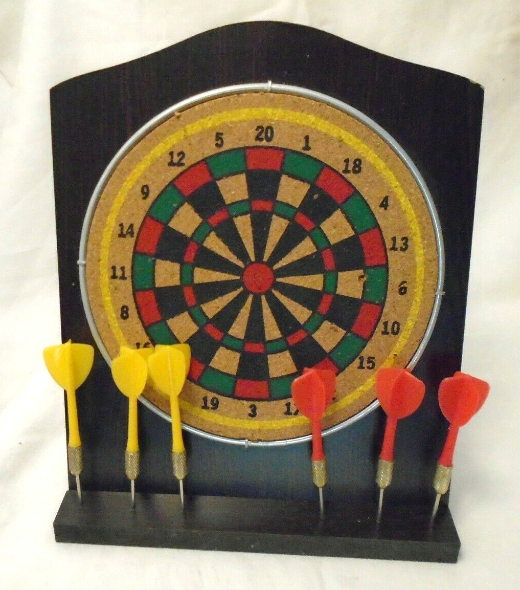 Cork Dart Board, Plastic Tip Darts w/Metal Tips, Stands Up, Approx 8" High