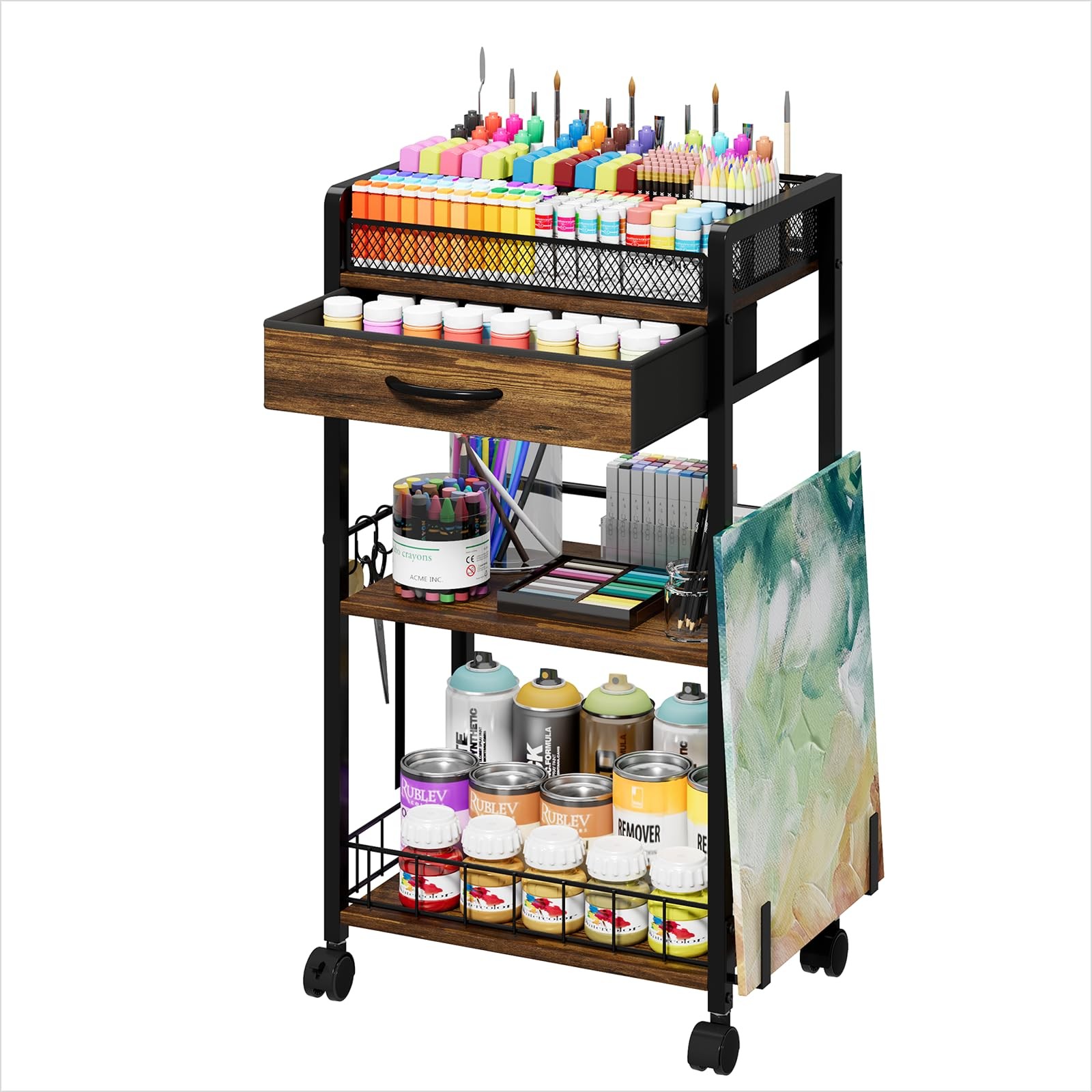 3-Tier Rolling Metal Cart with Drawer & Wheels - Art & Craft Organizer, Brown