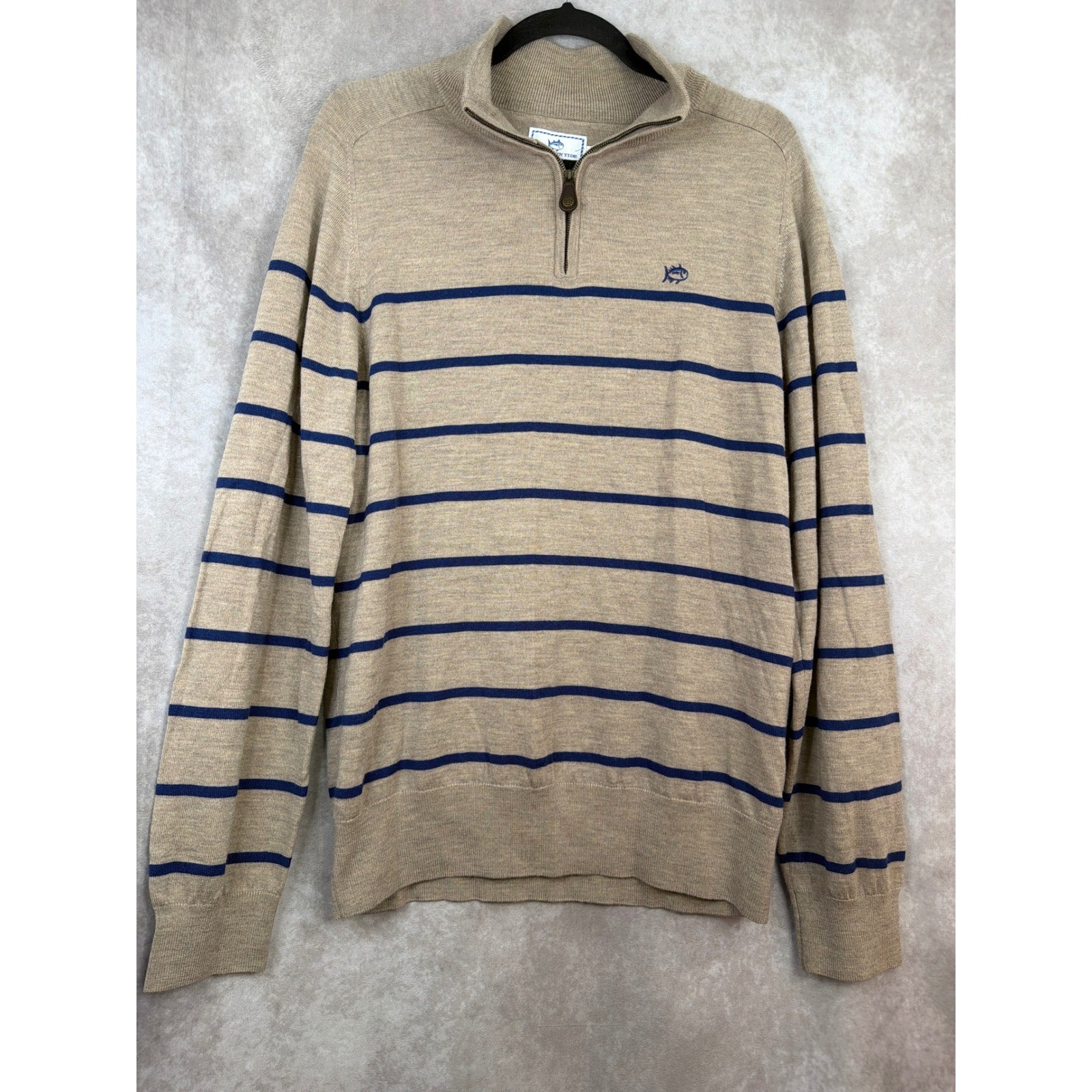 Southern Tide Mens Large Merino Wool Quarter Zip Sweater Tan Blue Striped L