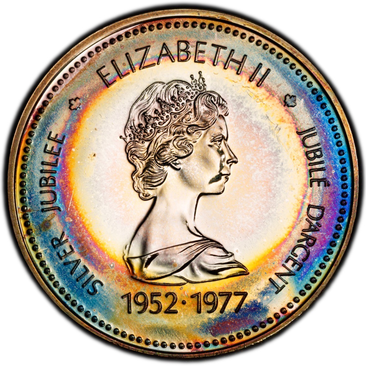SP68 1977 $1 Canada Silver "Jubilee" Throne Dollar, PCGS Trueview- Rainbow Toned