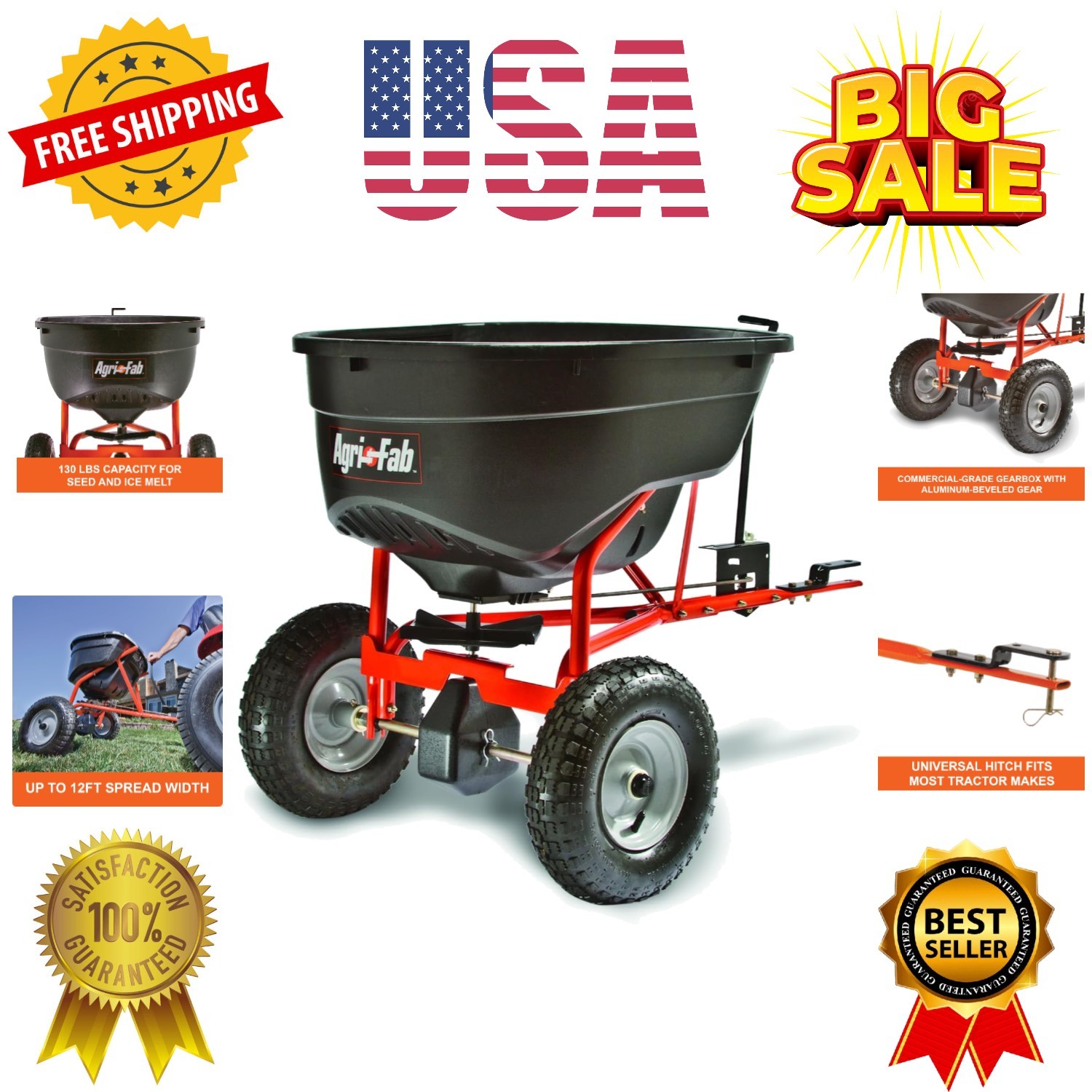 45-0463 Pull Behind Broadcast Spreader,130 lb. Hopper Capacity Designed for S...