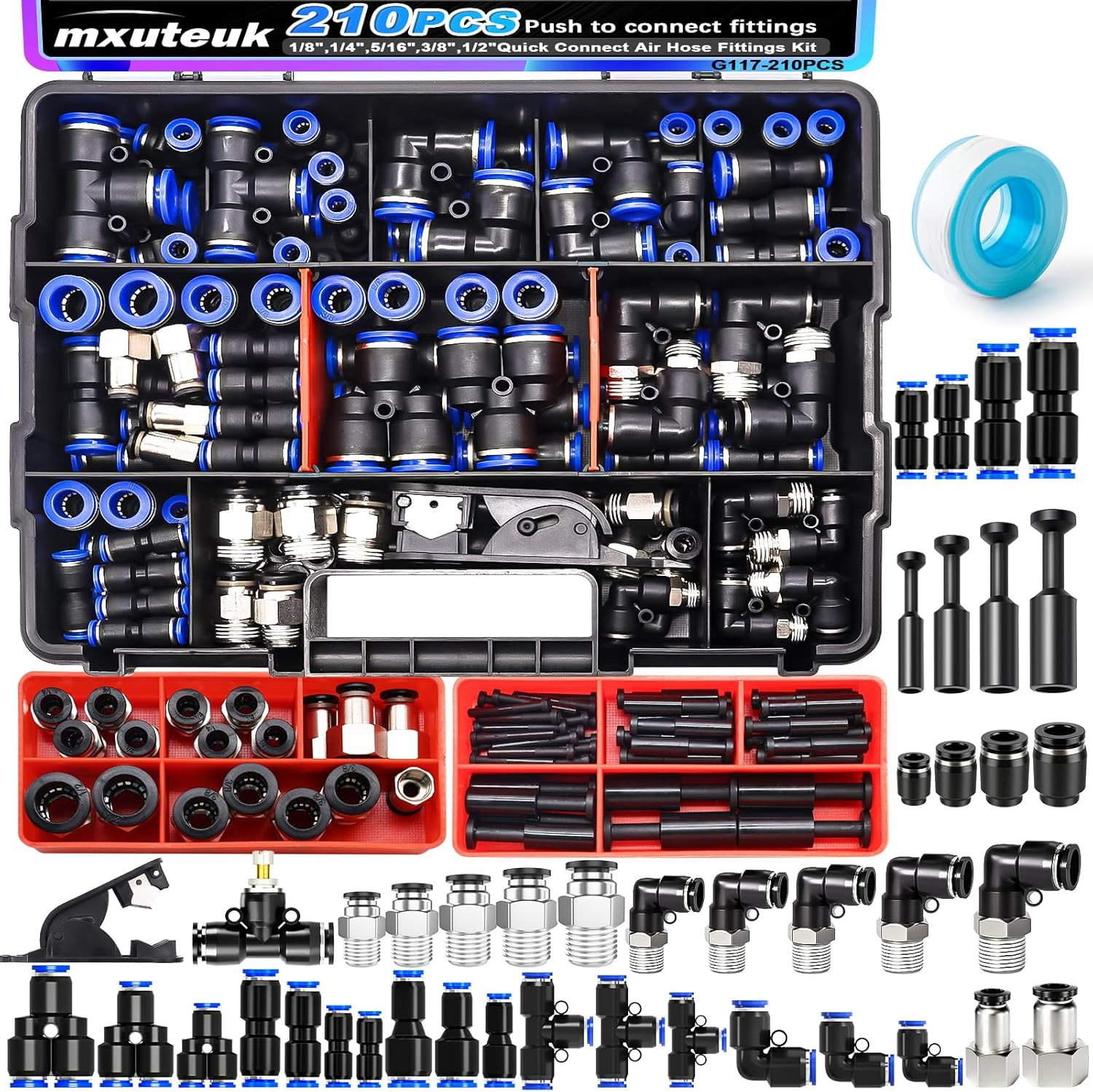 mxuteuk 210PCS Air Line Quick Connect Fittings,1/8",1/4",5/16",3/8",1/2",4/6/8/