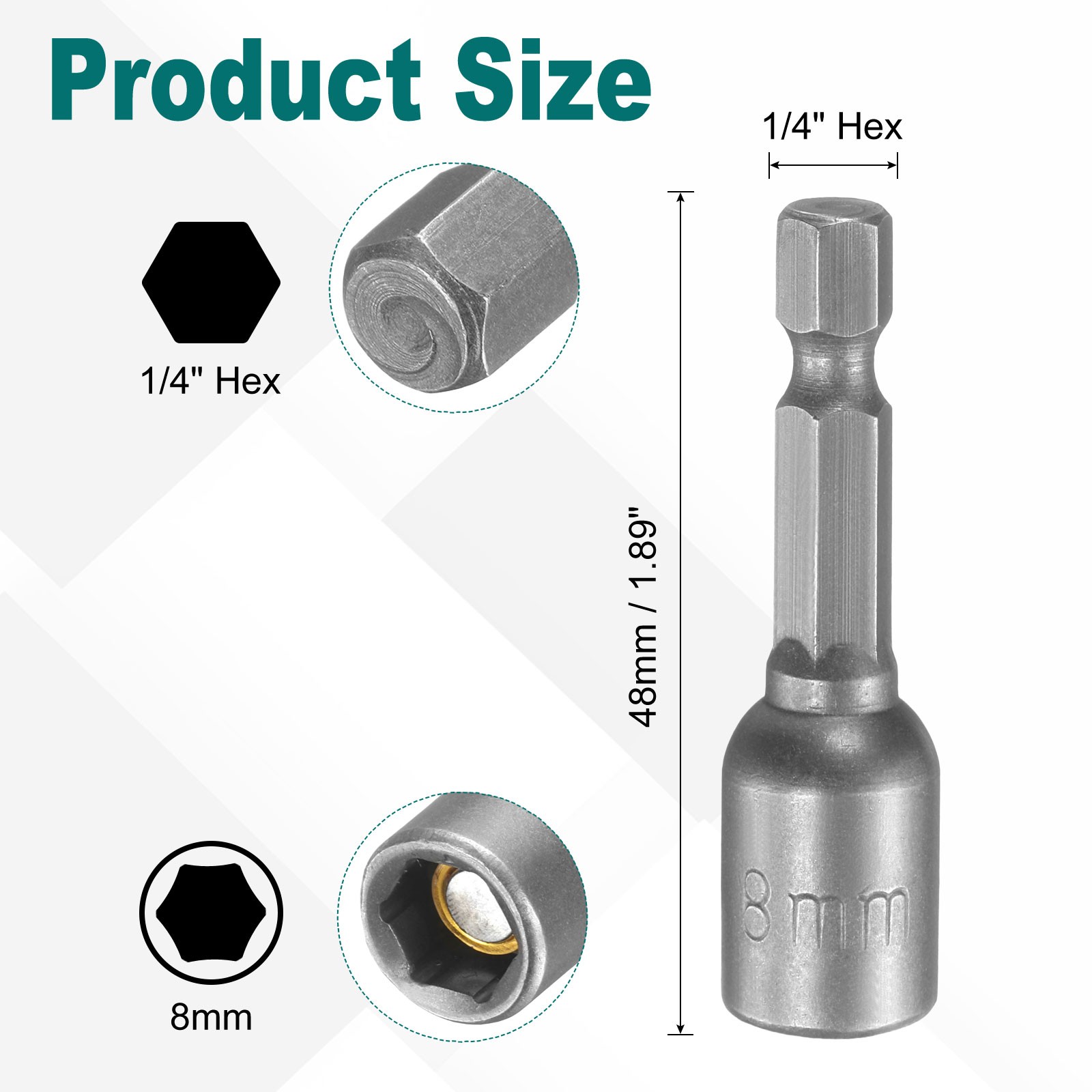 1/4" Hex Magnetic Nut 8mm Socket Wrench 48mm Silver 12pcs,