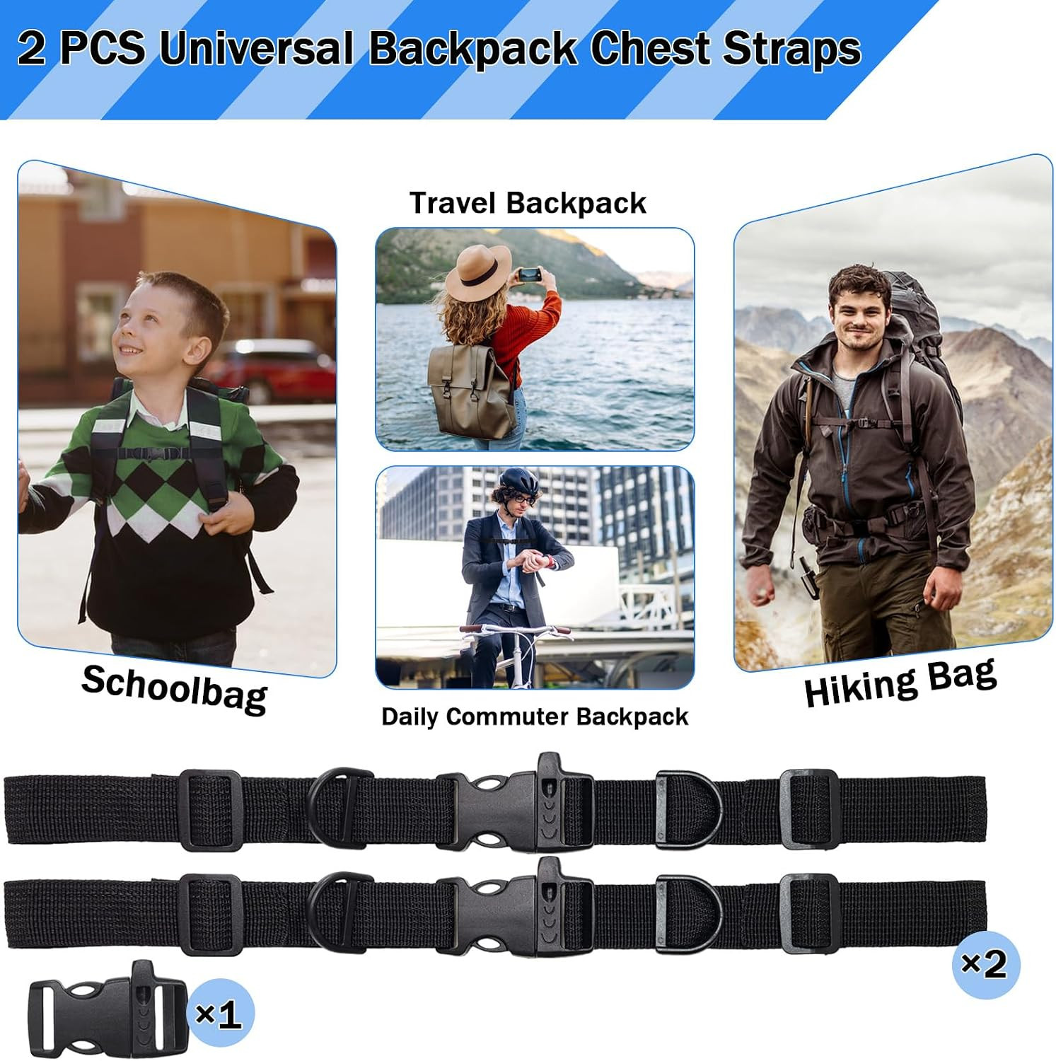 2 PCS Backpack Chest Strap Add On, Adjustable Sternum Straps for Backpacks