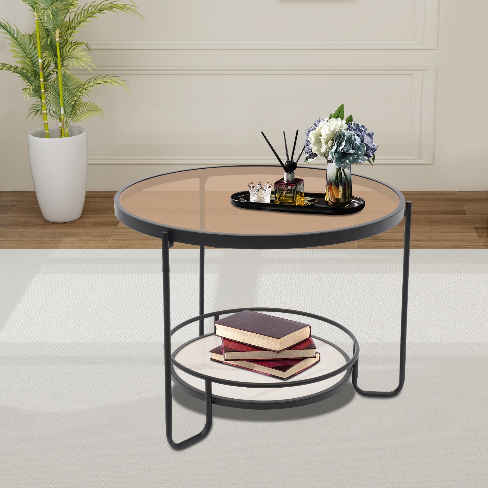 2-tier Modern Side Table Tempered Glass Side Table Round Coffee Table 60cm dia.