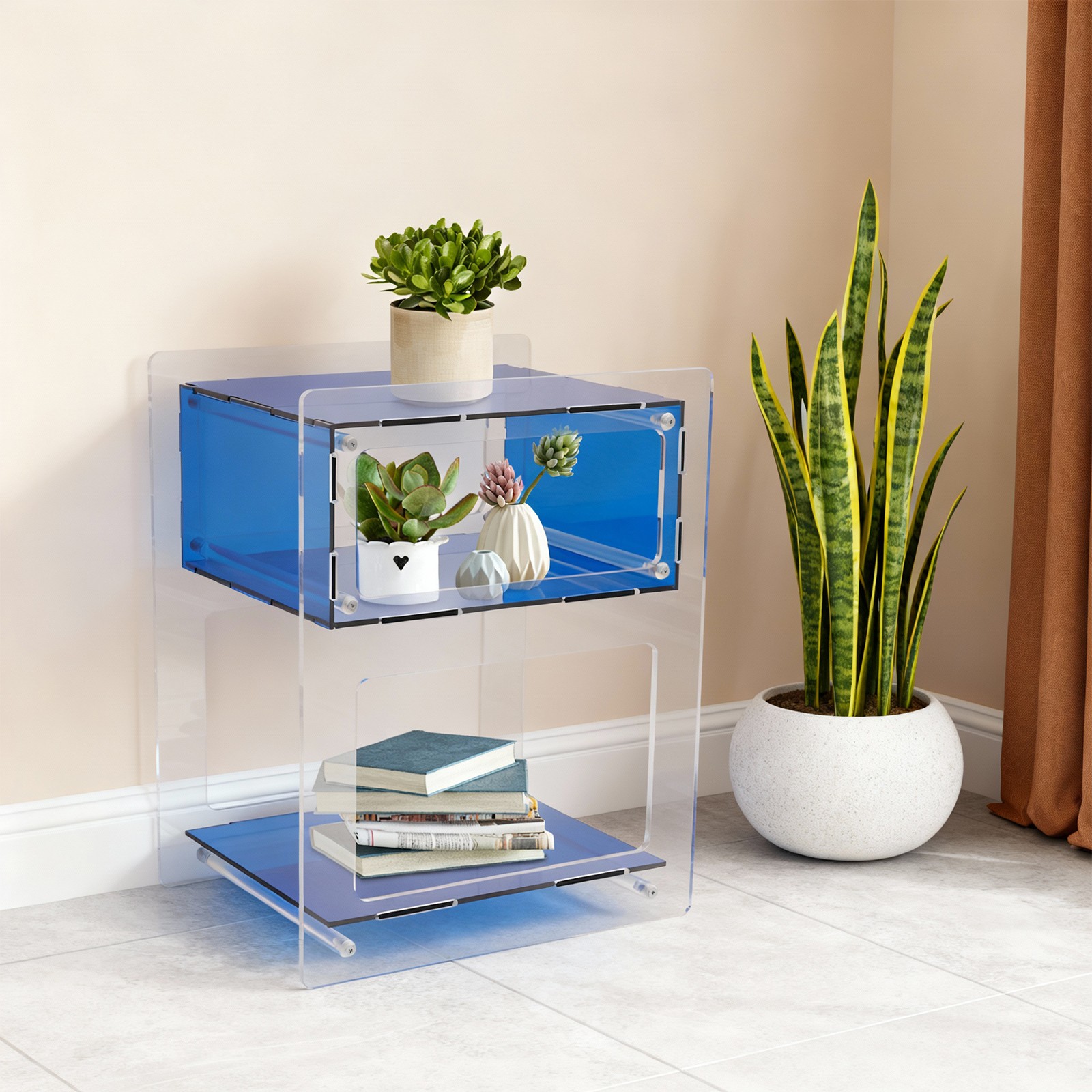 Acrylic Side Table Free Standing Acrylic Nightstand Rectangle Storage Shelf