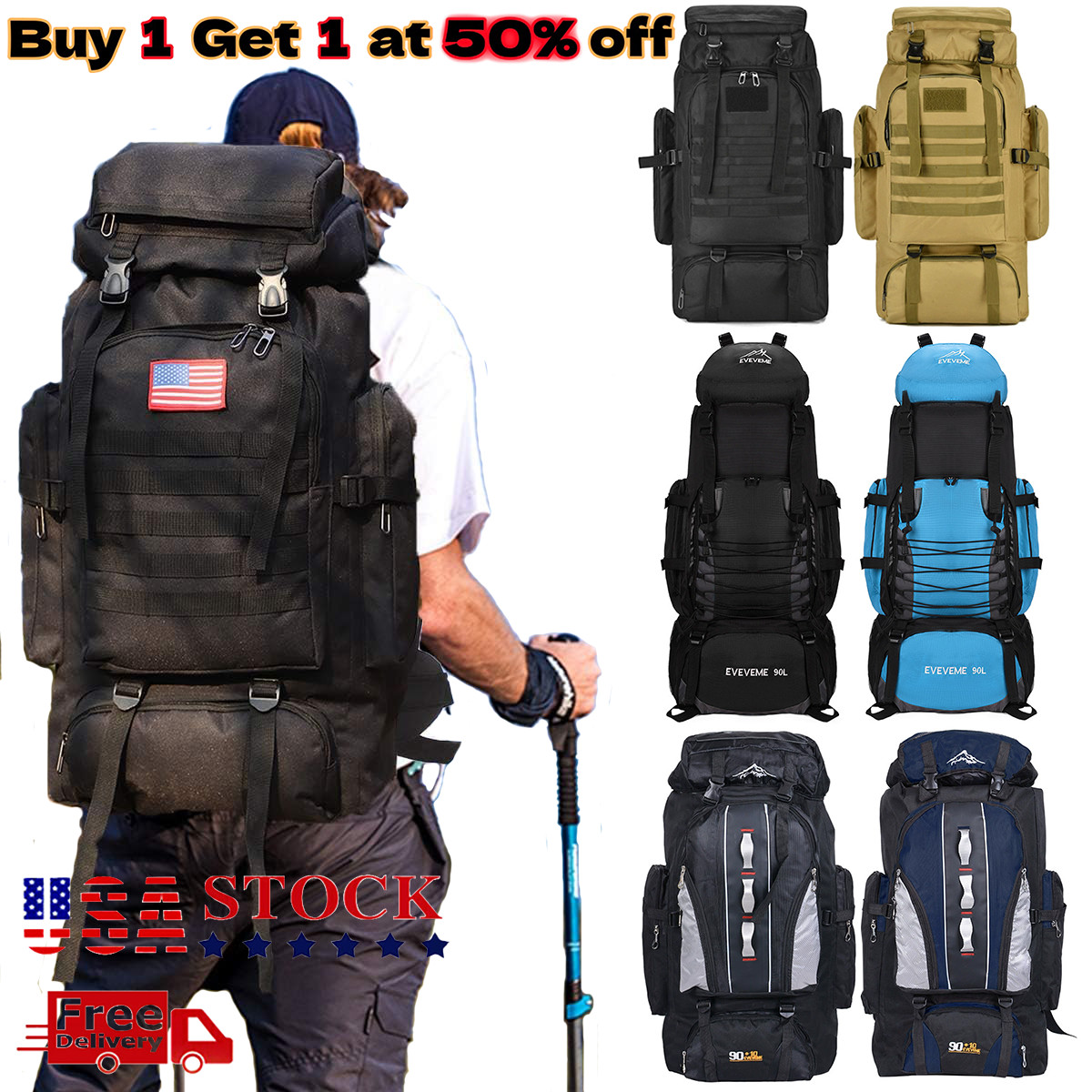 80L/100L Outdoor Hiking Military Tactical Backpack Rucksack Camping Trekking Bag
