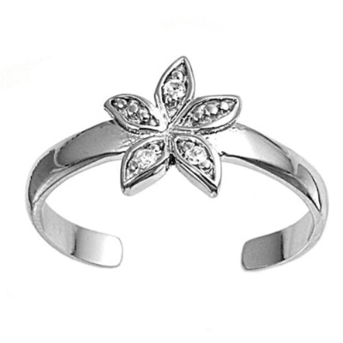CZ Flower Toe Ring - .925 Sterling Silver with Rhodium Plating - Adjustable