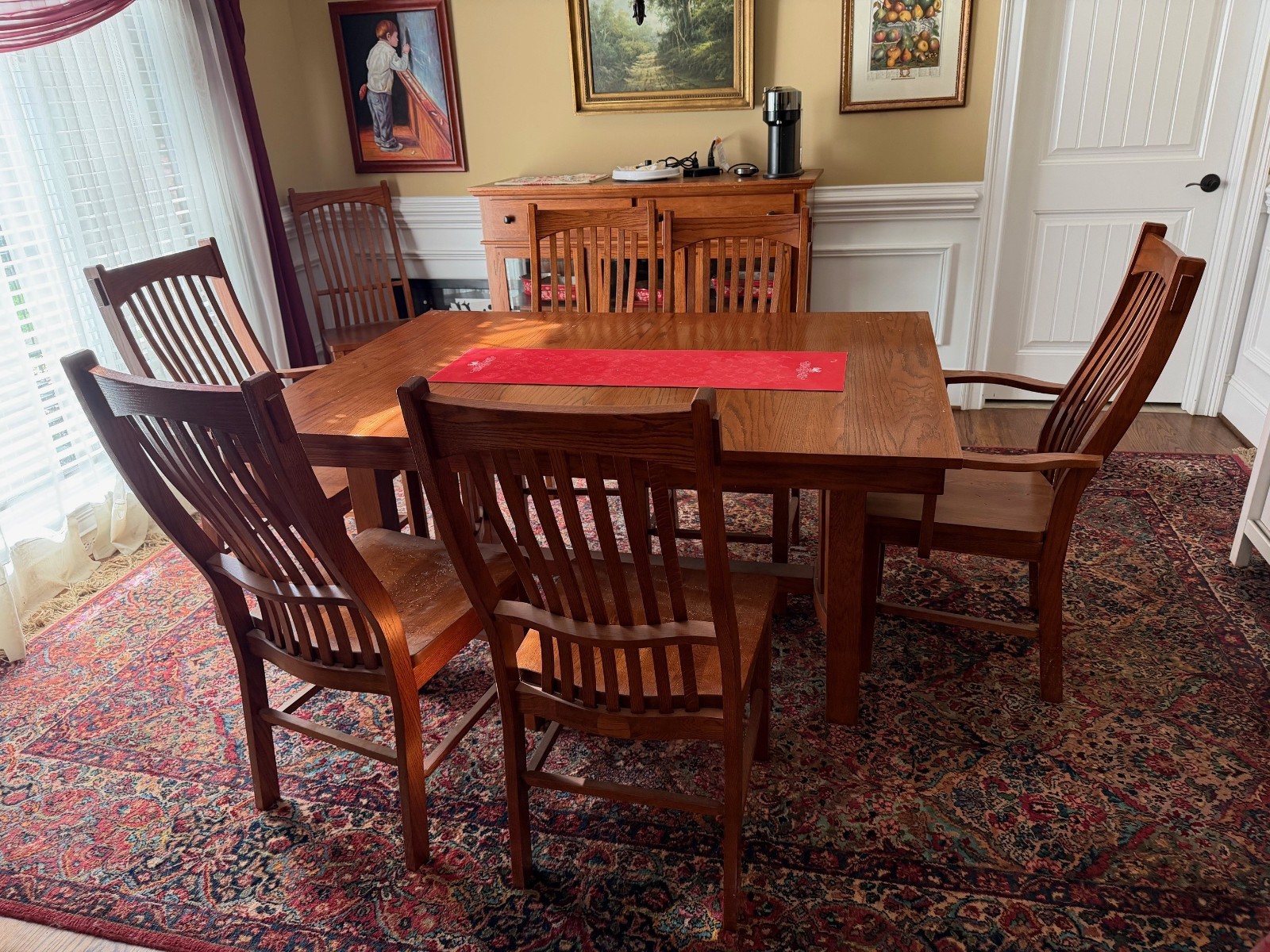 Dining Room Set w/8 Chairs, Real Oak Wood, Table Expands with Built-In Extenders