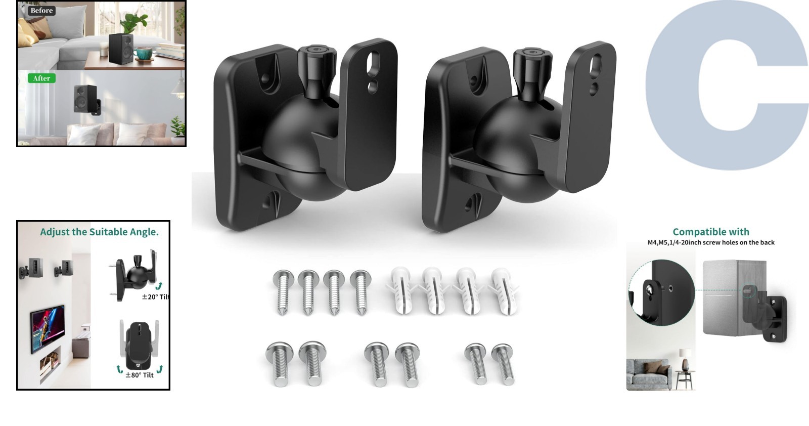 Sturdy Wall Mount Brackets for Bookshelf Speakers - 2-Pack, Adjustable, Black