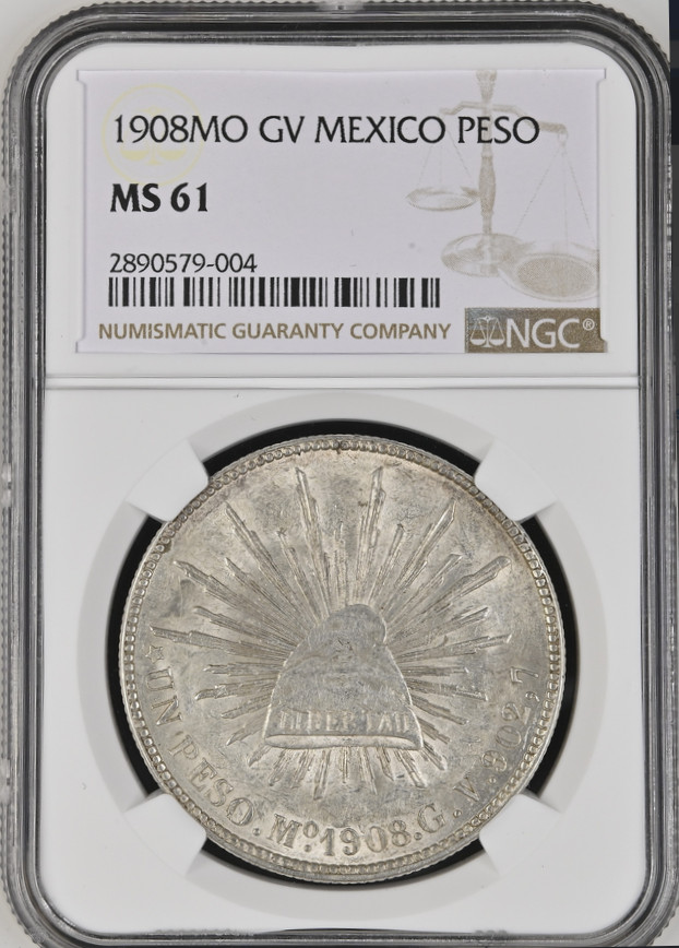 :1908MO GV 1-PESO MEXICO RADIANT CAP NGC MS61 RARITY R6  LOW POP HIGHEST-GRADES