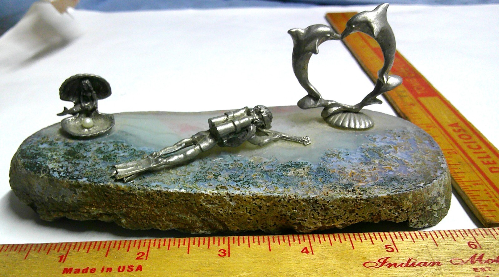 ocean scuba diving scene on polished rock vintage unusual sea diver collectible