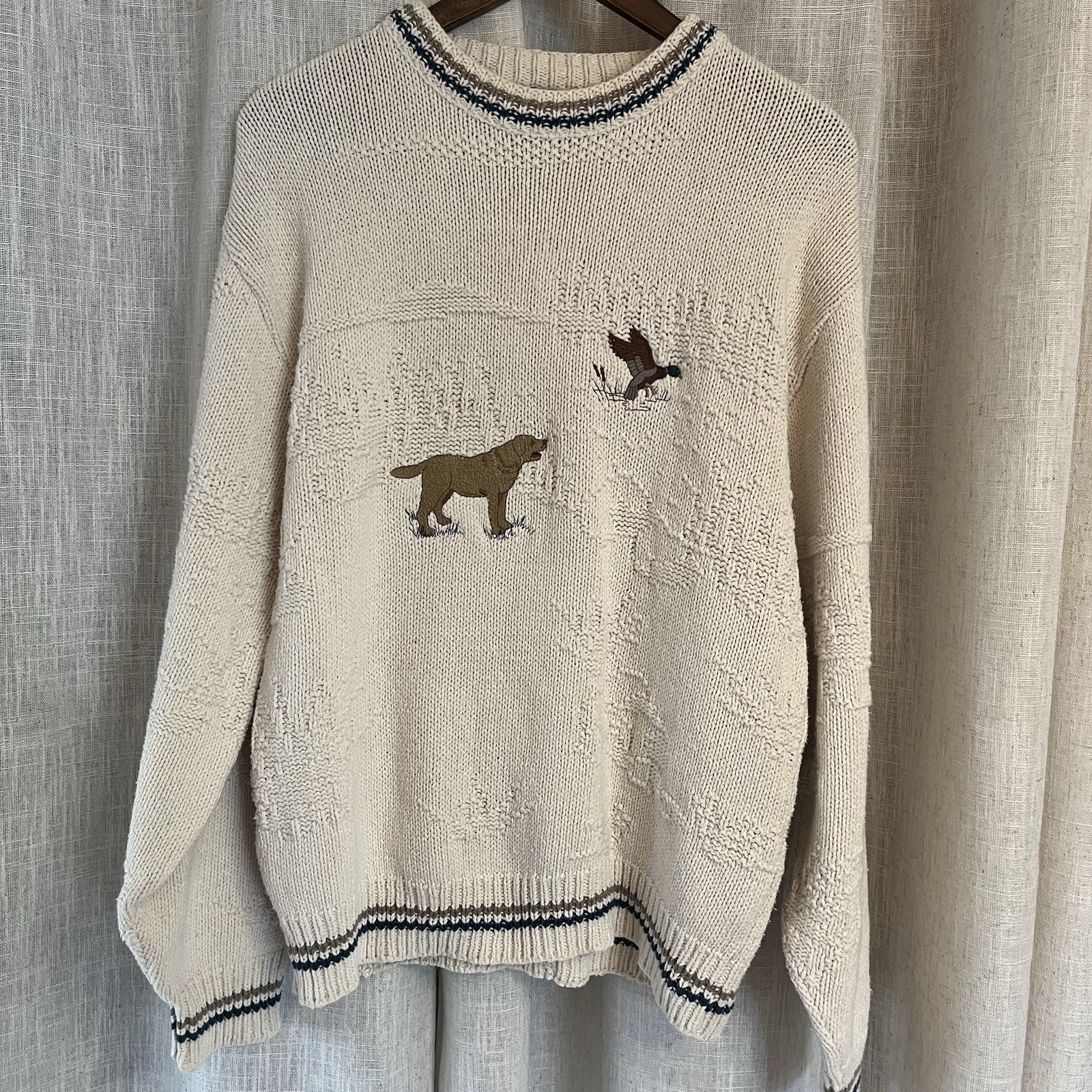 Vtg Shenandoah Men’s Dog & Duck Hunting Sweater 90’s Large Ivory Chunky Crew USA