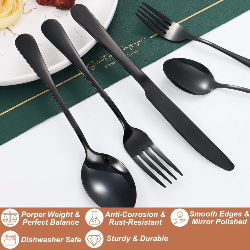 20 Pcs Black Silverware Set for 4, Mirror Polished Flatware Set Stainless Ste...