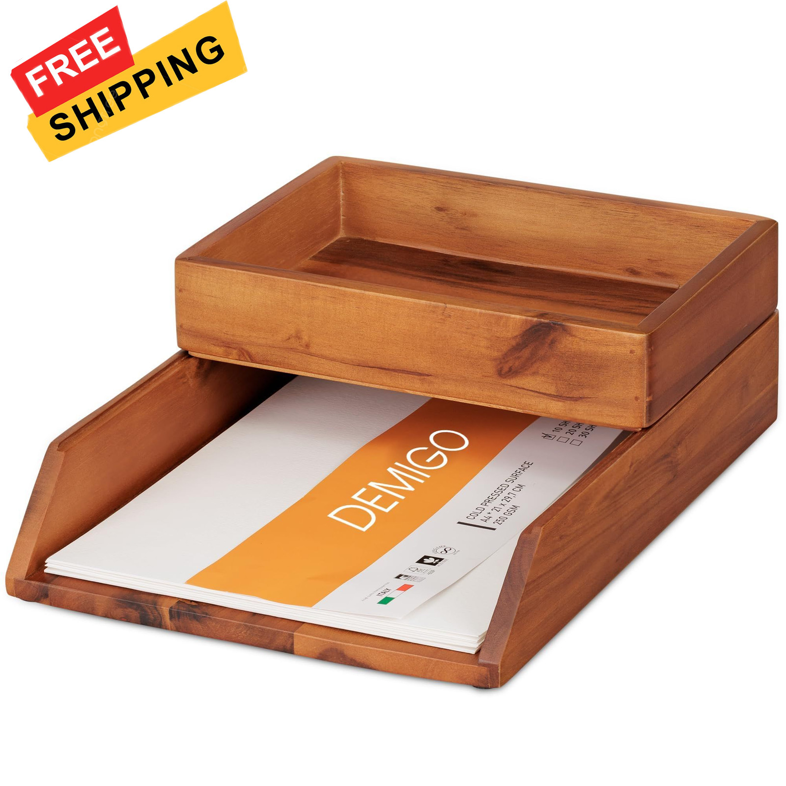 Demigo Desk Organizer Letter Tray Set of 2, Acacia Wood Tabletop Brown