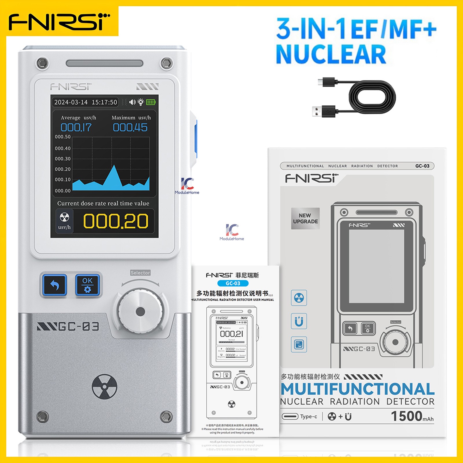 FNIRSI GC-03 3-IN-1 Electromagnetic Radiation Detector NR+EF+MF Detection Tester