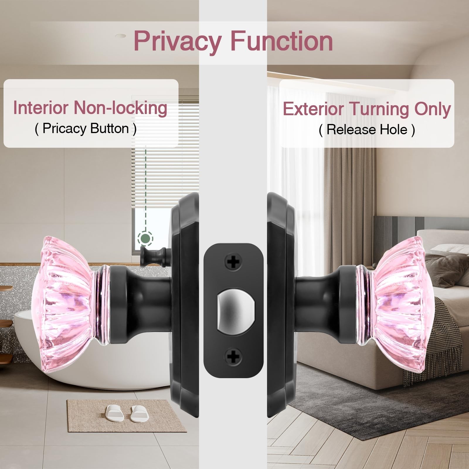 Crystal Door Knobs, Pink Black Glass Door Knobs Interior Rose Shape with Lock...