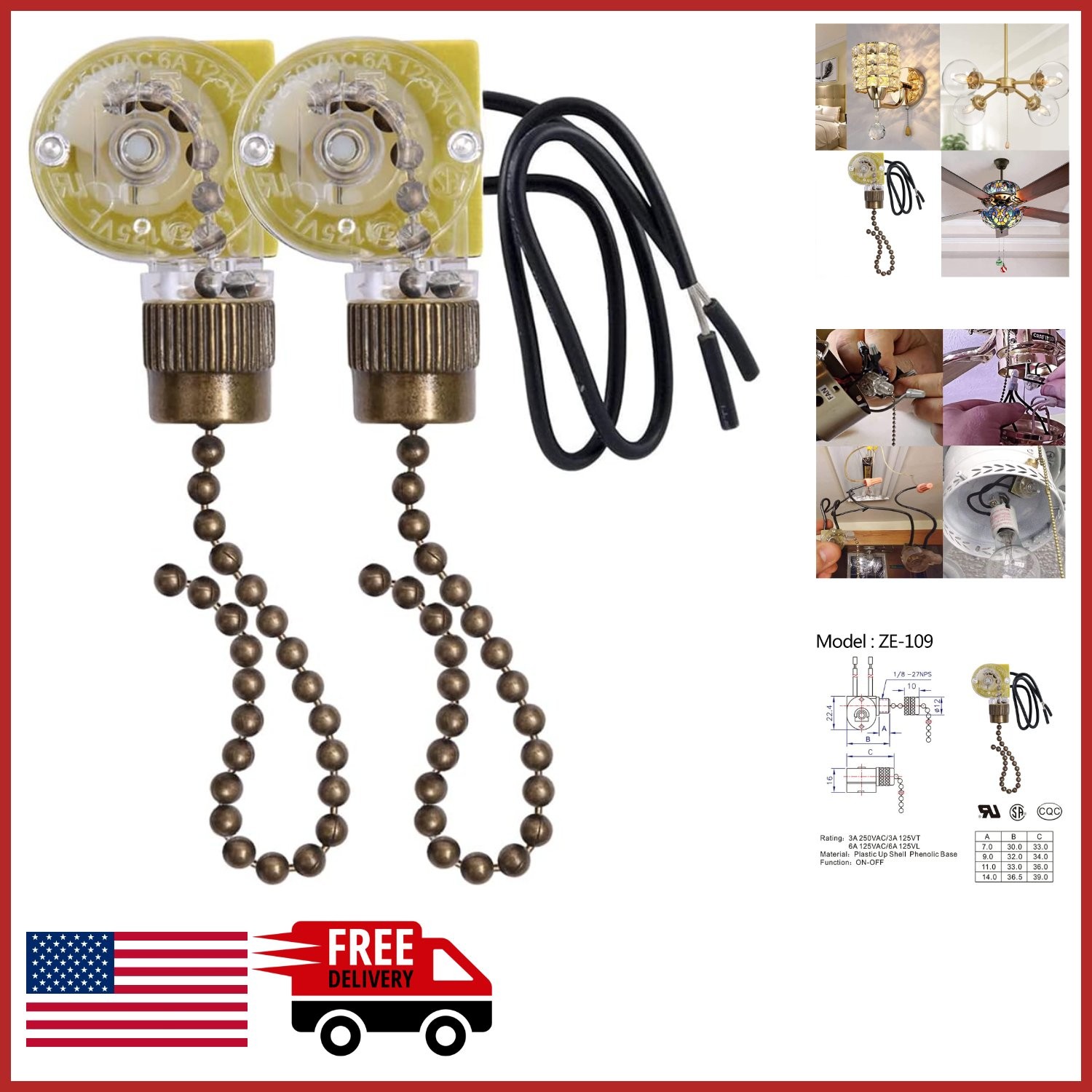 Pull Chain Light Switch for Ceiling Fans and Lamps - 2 Pcs Bronze Replacement