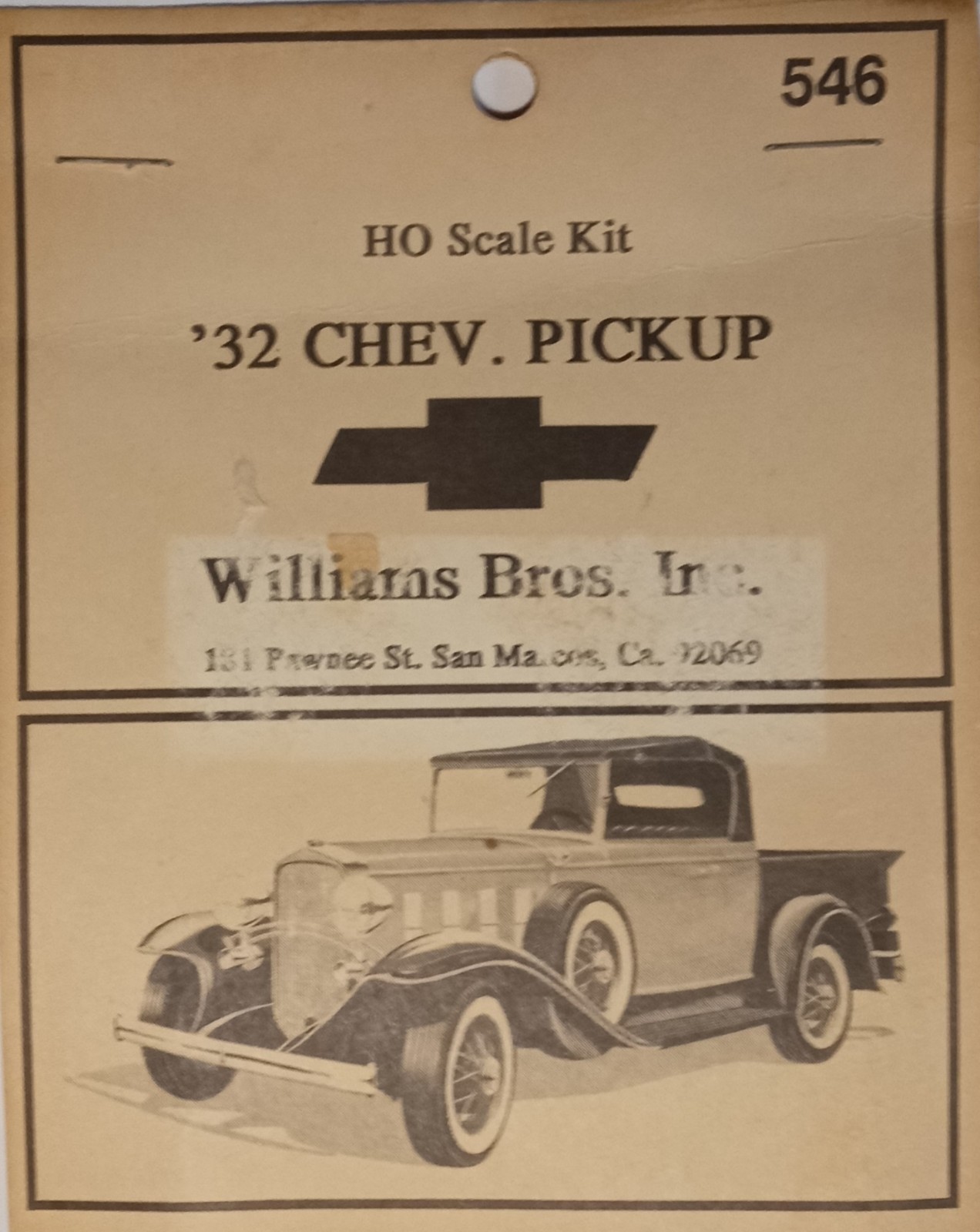 Williams Bros Inc. #546 1932 Chevrolet Pick Up Truck BNOS-White Plastic Kit HO