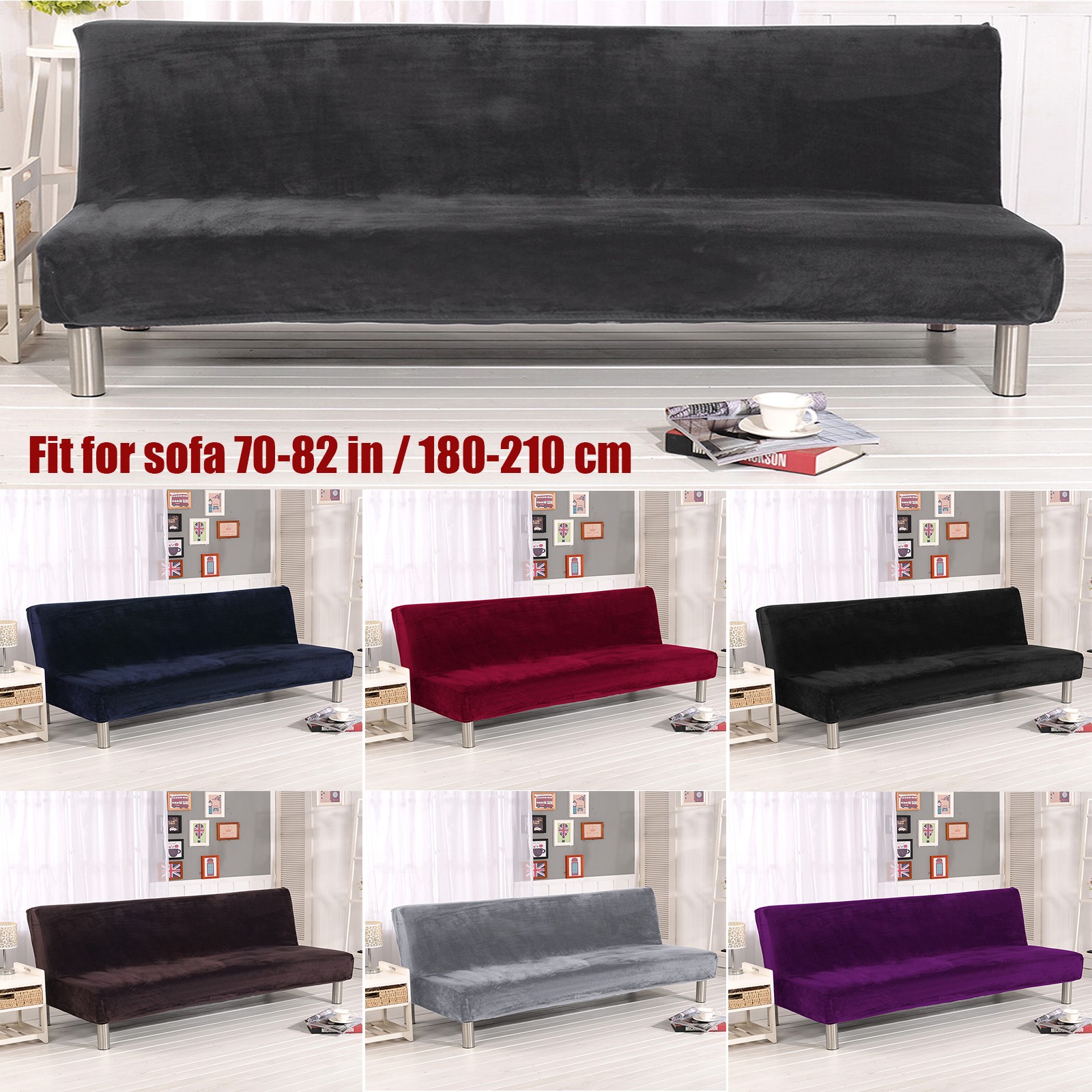 Velvet Stretch Sofa Bed Cover Armless Futon Slipcover Solid Color Protector US