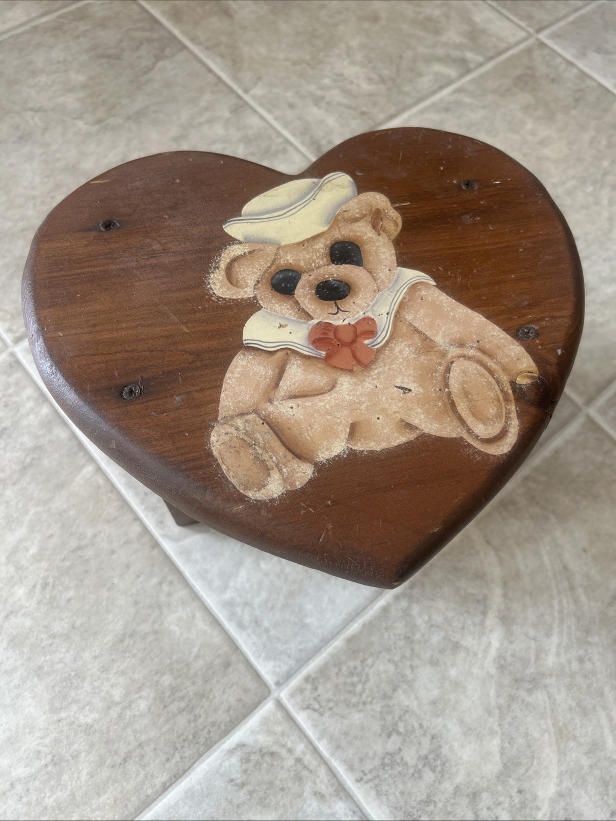 Vintage Solid Wood Heart Shaped Footstool Bench with Painted Sailer Bear Design