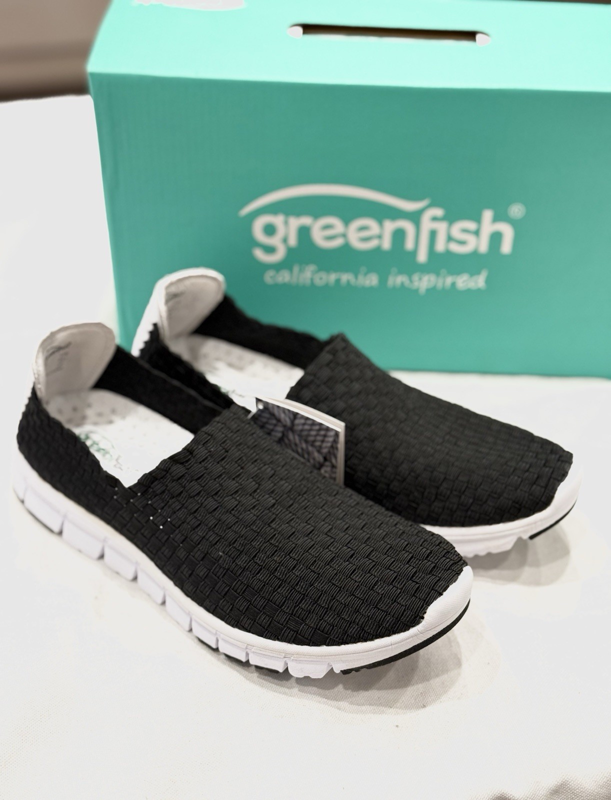 Greenfish, GP-007 Woven-s Women’s Sneakers, Color Black Slip-On, Size 5