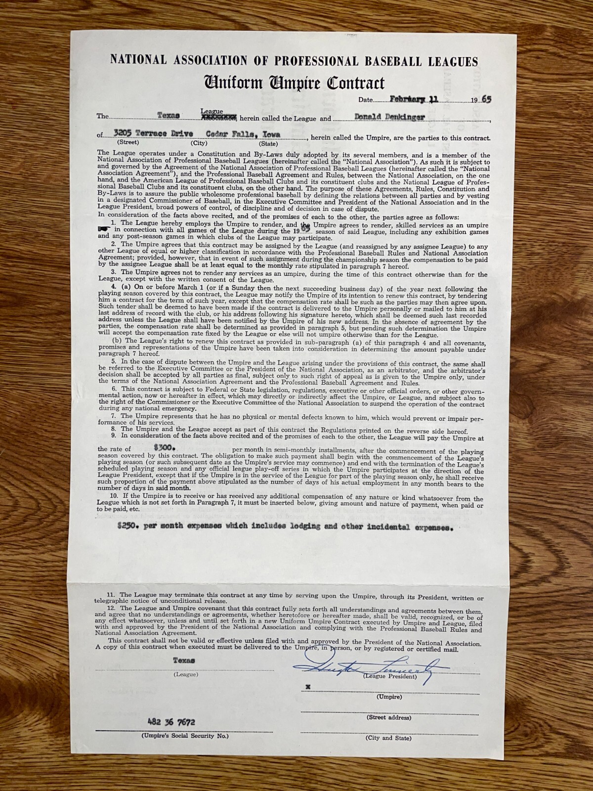 FUTURE HOF (Umpire): Don Denkinger, 1965 Texas League Contract #1 (Unsigned)