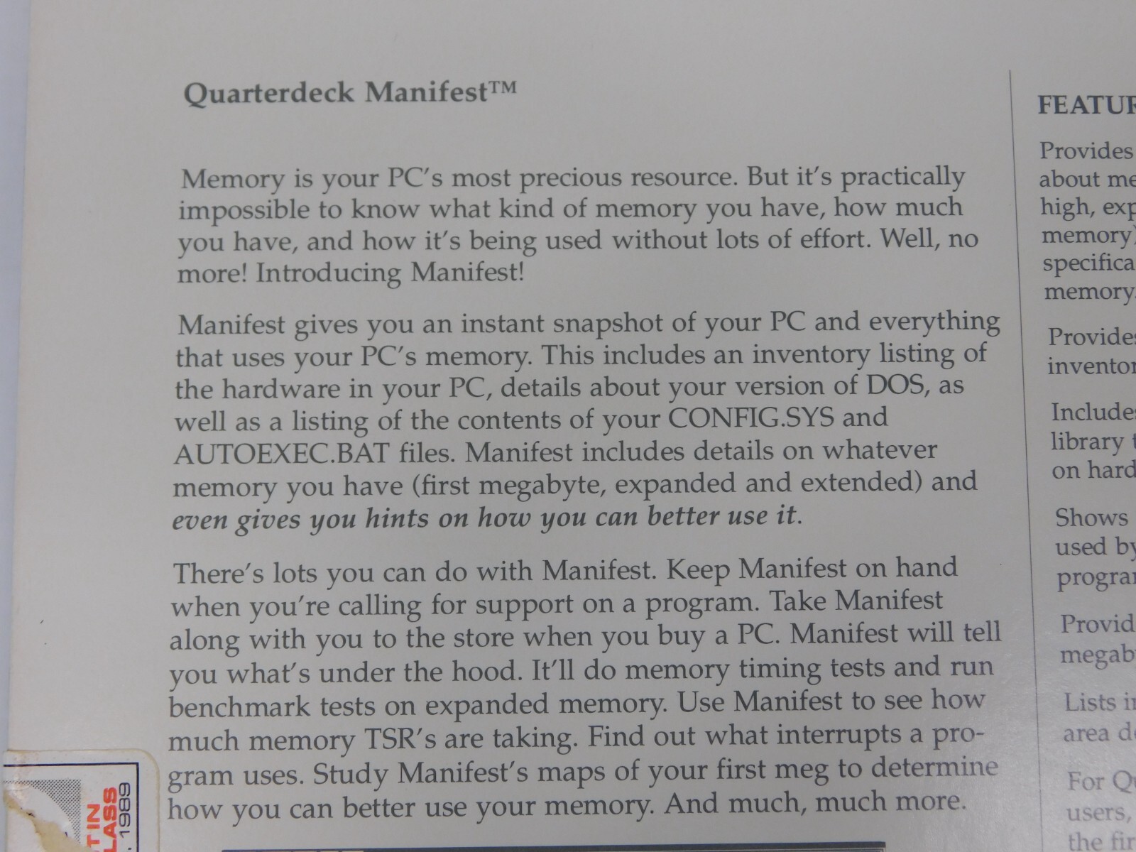 1990 Quarterdeck Manifest Version 1.0 3.5" Floppy Disk Software
