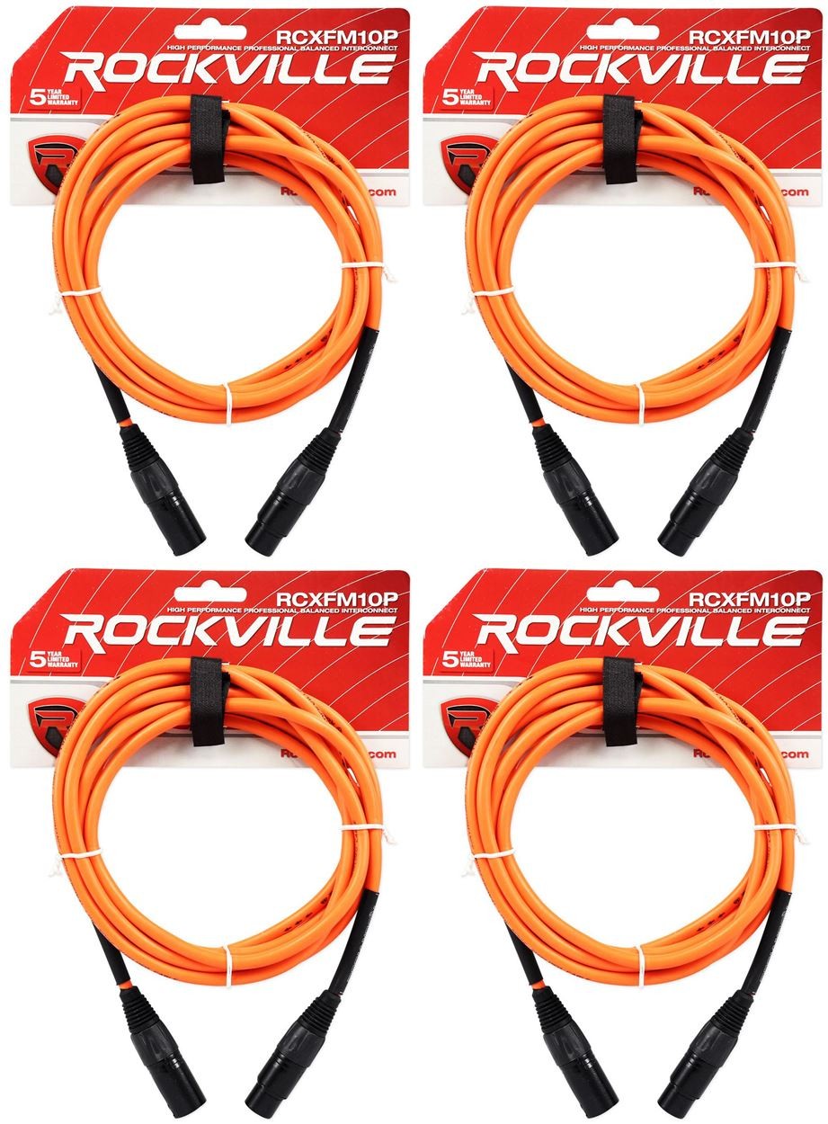 4 Rockville RCXFM10P-O Orange 10' Female to Male REAN XLR Mic Cables 100% Copper