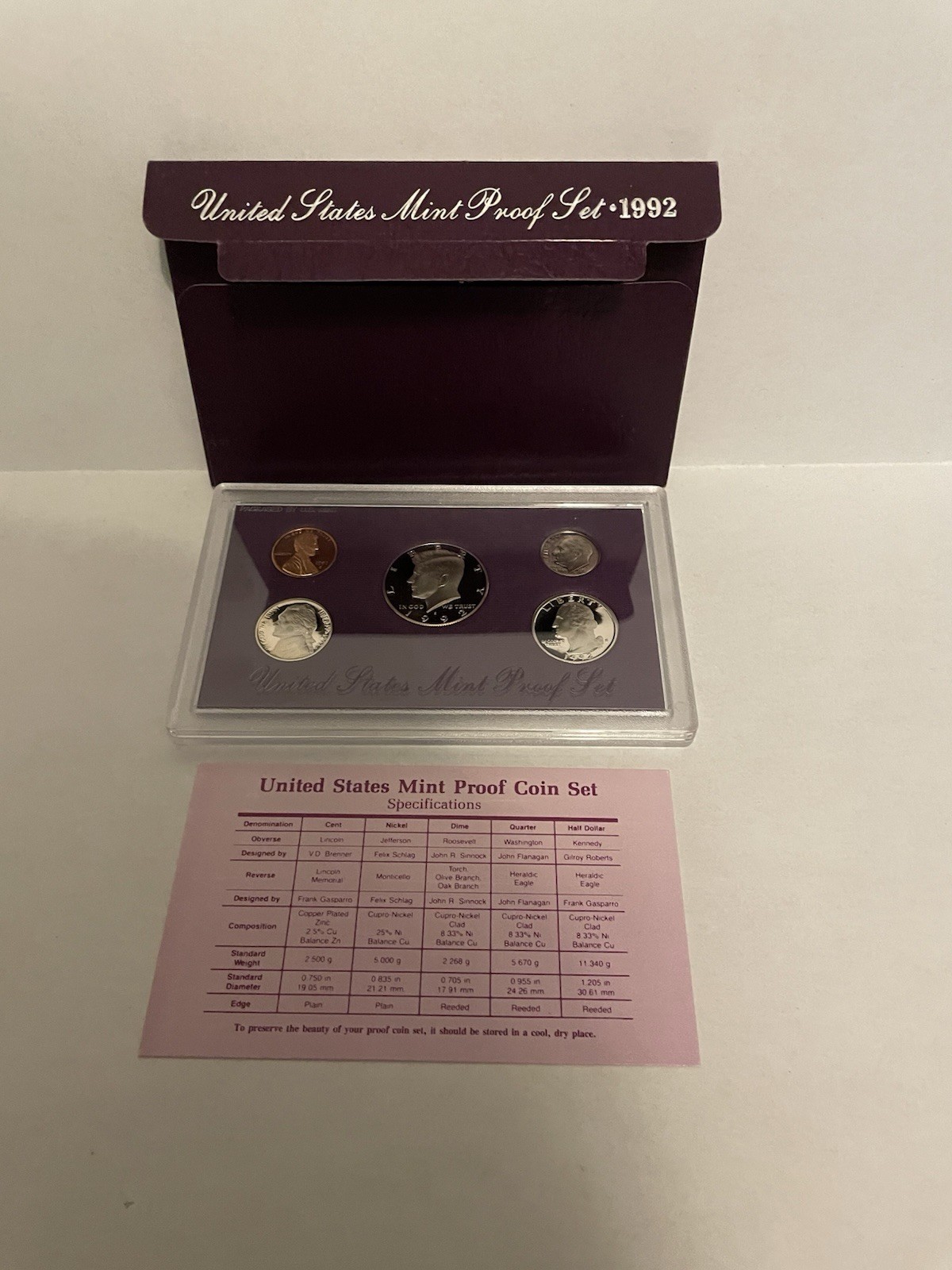 1992 United States Mint Proof Set US Coins, Purple Coin Set With Info Card￼