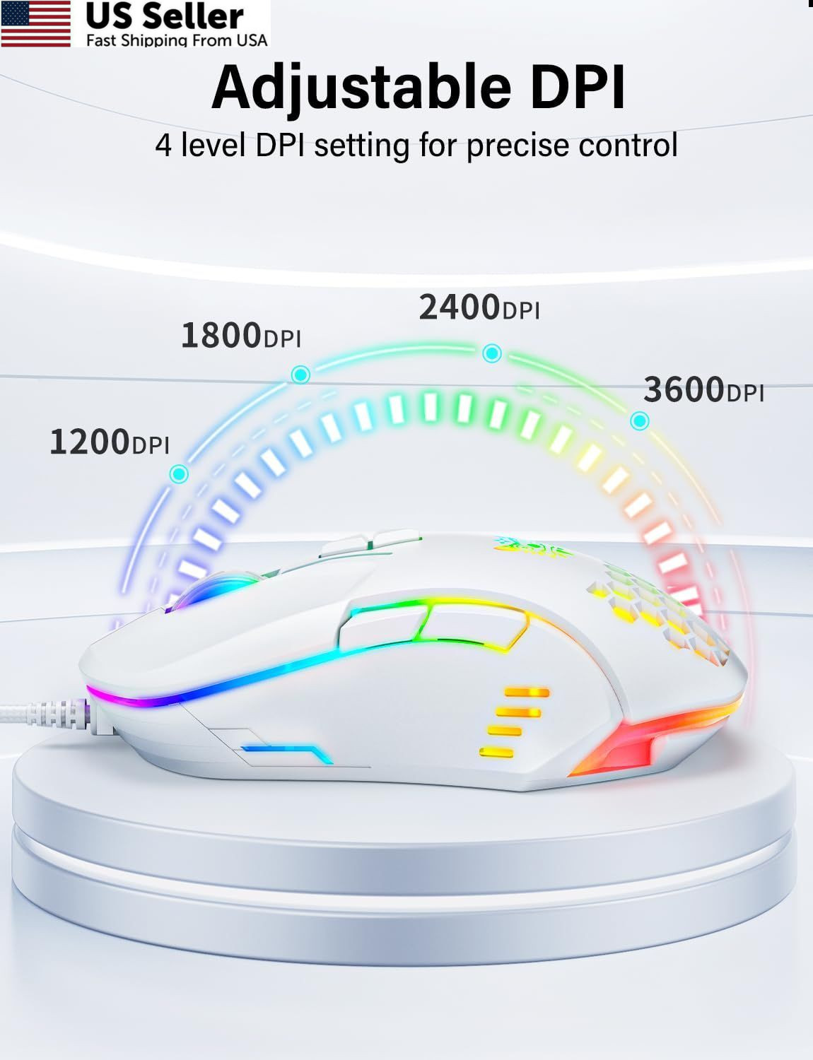ONITOON Wired USB Mouse, Computer Mouse with RGB Lighting, 4 Adjustable White