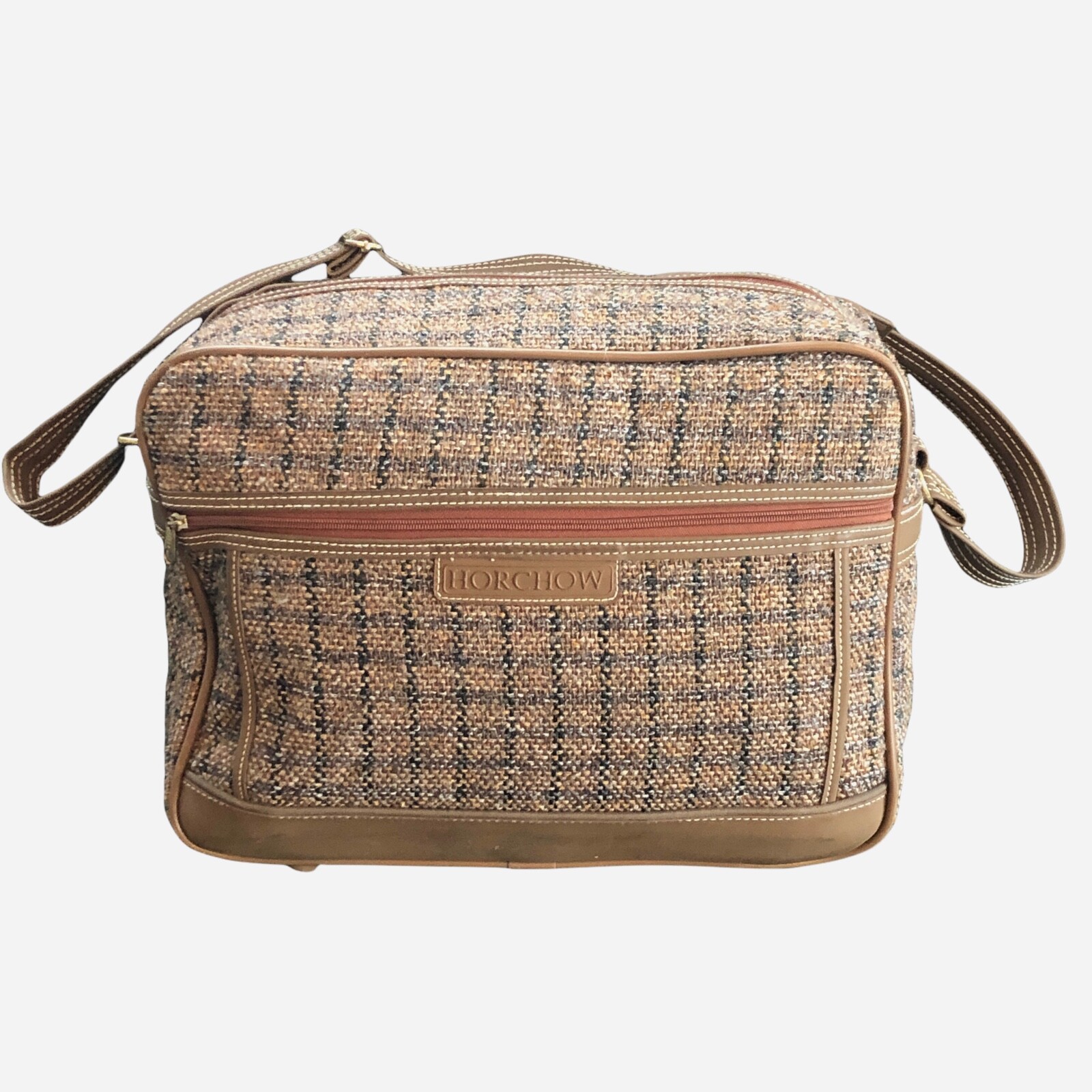 Horchow Brown/Beige/Black Tweed Overnight/Carryon Travel Bag W/Strap