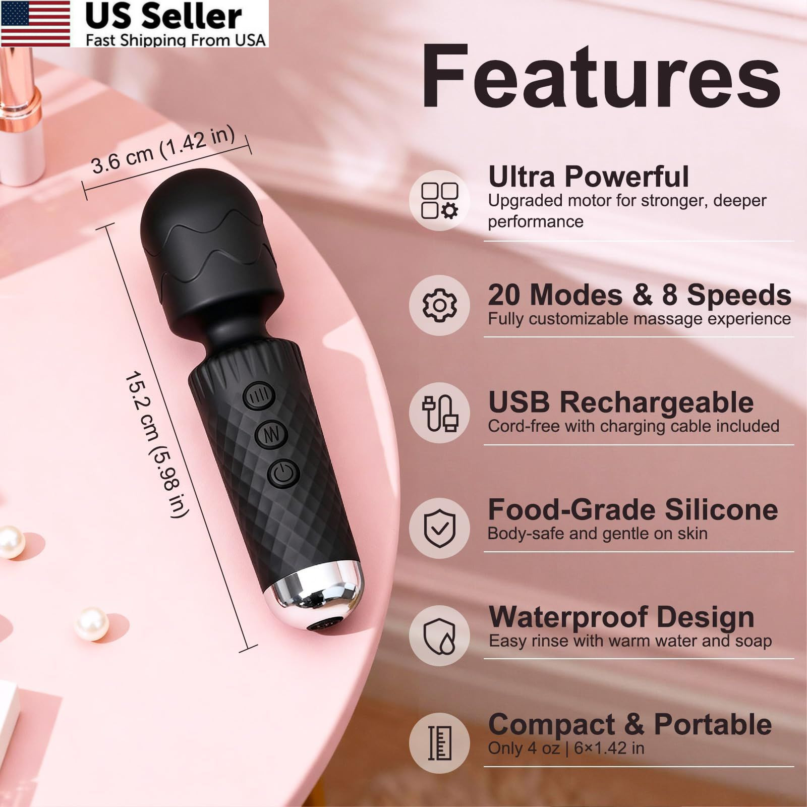 Upgraded Handheld Rose Black Mini Massager Tool Device, Premium