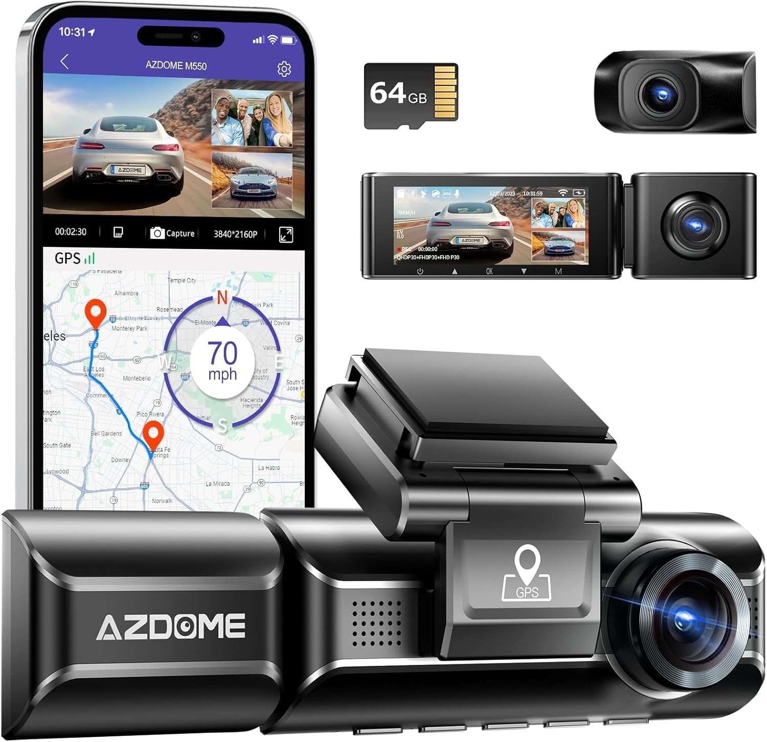 AZDOME Dash Cam 3 Channel 4K+1080P WiFi Dual Triple Camera Night Vision GPS