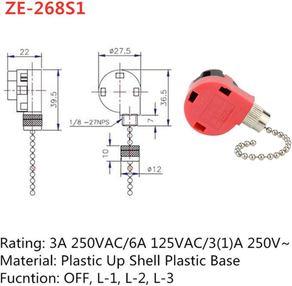 Zing Ear ZE-268S1 3 Speed 4 Wire Ceiling Fan Switch , Pull Chain Control, Nickel