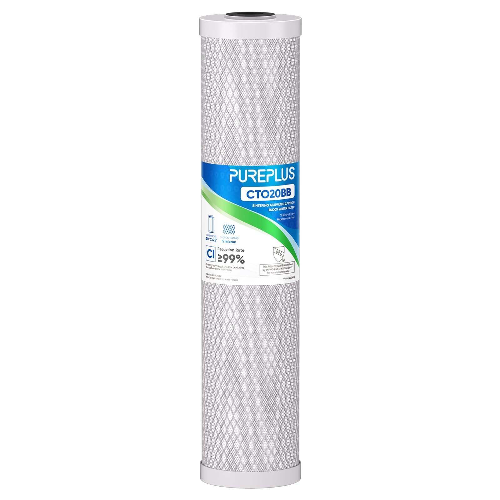PUREPLUS 20" BB 5 Micron Whole House Coconut Shell Carbon Water Filter CTO20BB