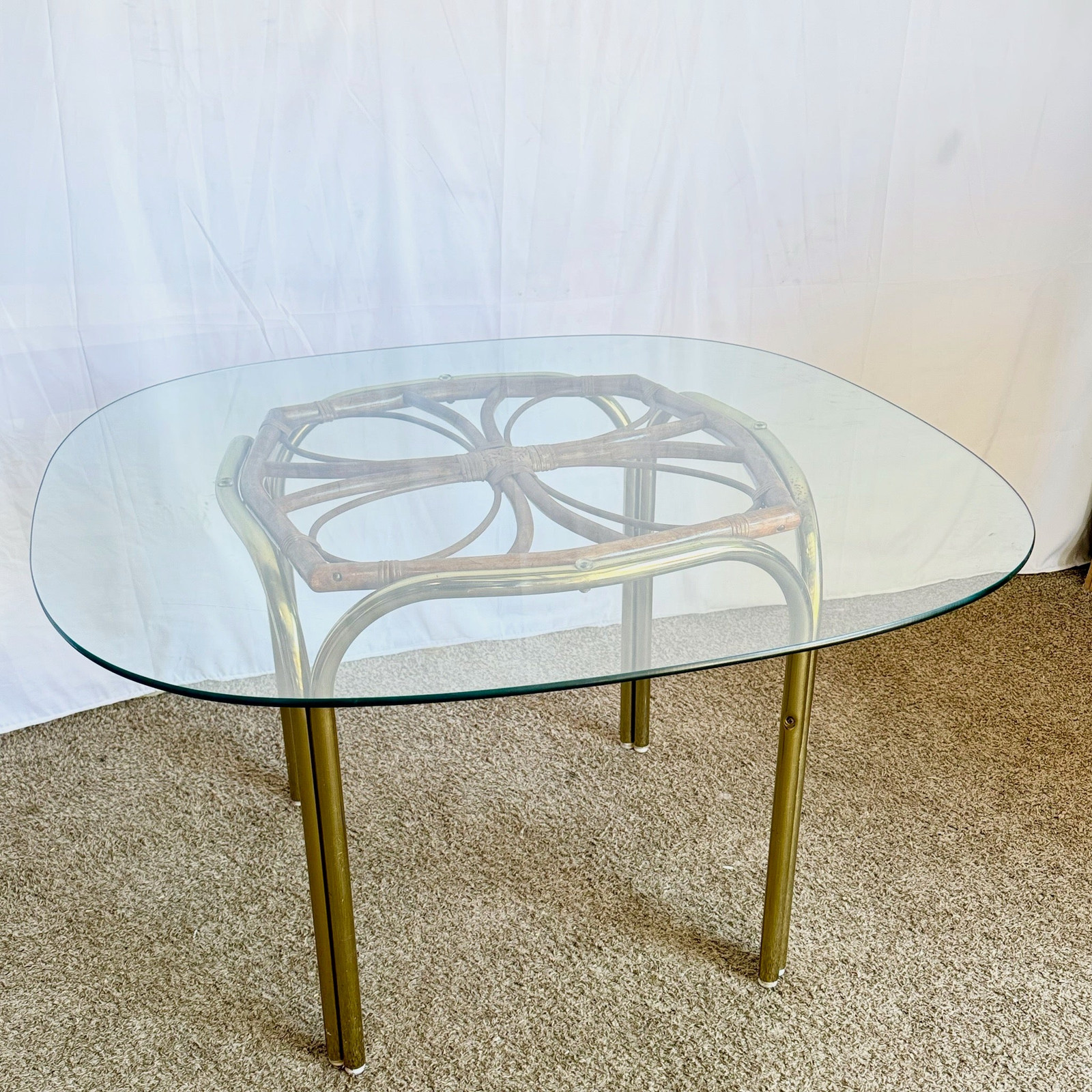 Vintage Boho Gold and Rattan Glass Top Dining Table