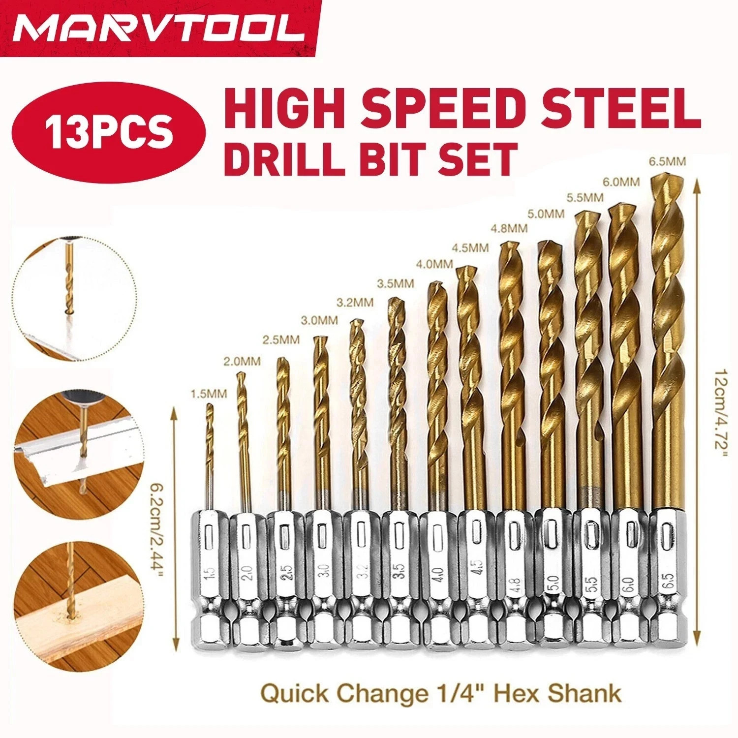 Marvtool Drill Bit 13Pcs HSS Titanium Coated Twist Drill Set Hex Shank 1/4"