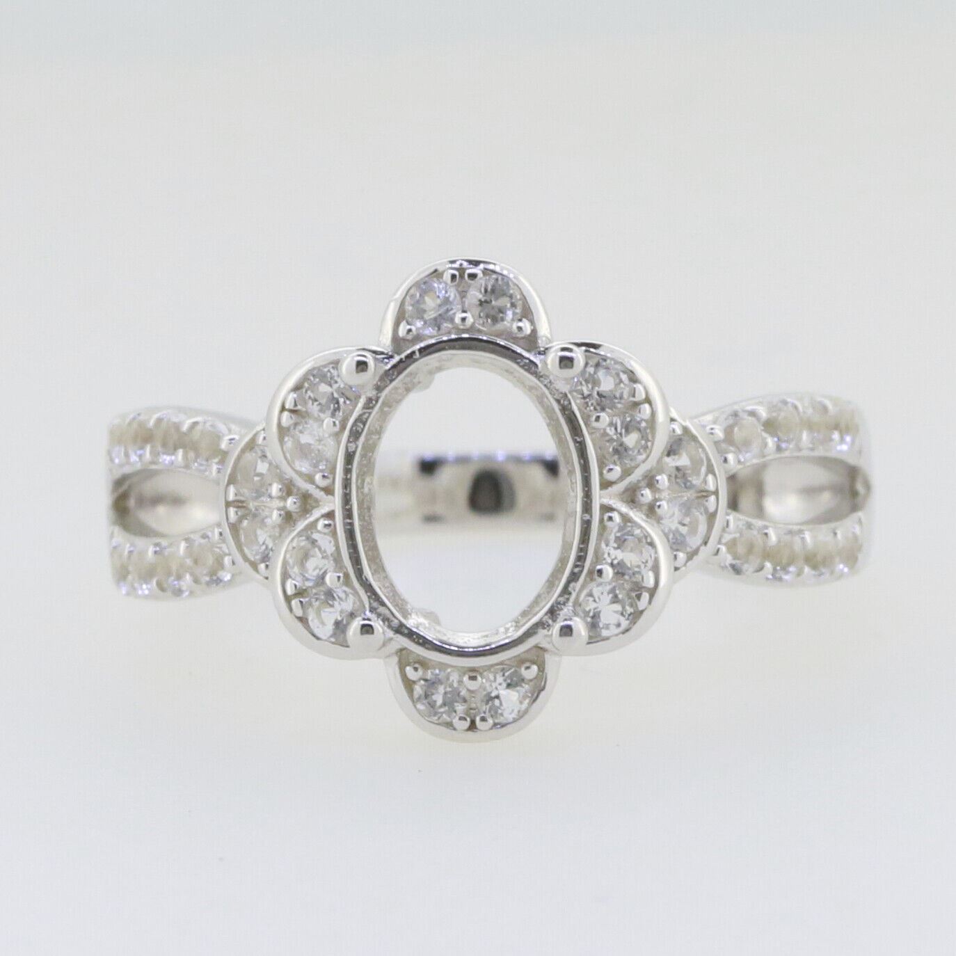 Sterling Silver Semi Mount Ring Setting Oval OV 9x7mm Halo Split Shank