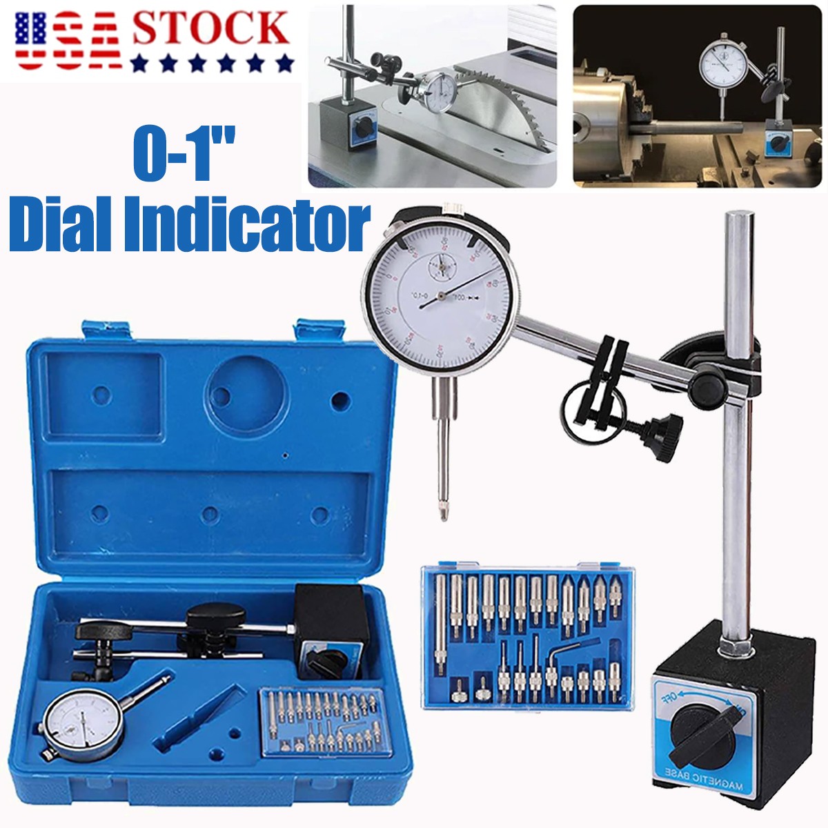 Dial Indicator with Magnetic Base 0.01"Precision Gauge Test Indicator Point Set
