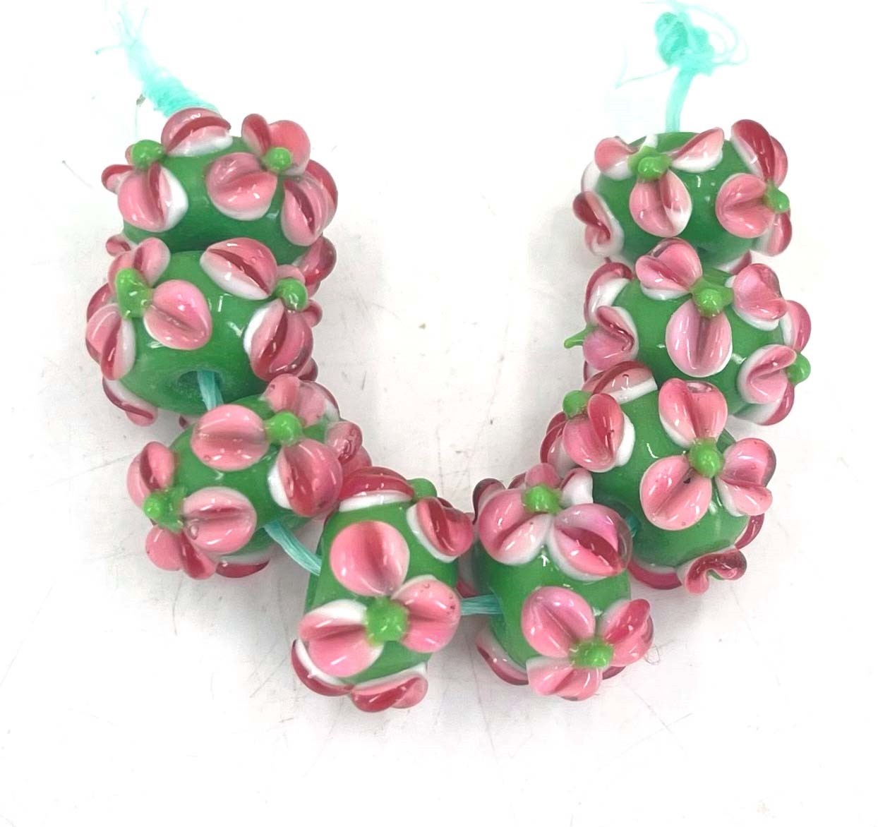 8 Hanmade Lampwork Bead Pink Green Raised Flower Rondelle Beads 15x9mm