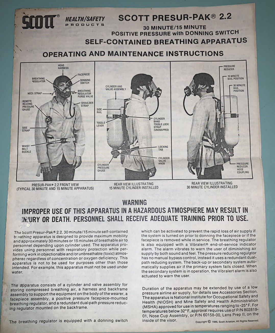 Vintage Scott Pressure-Pak 2.0 Instruction Booklet 1986